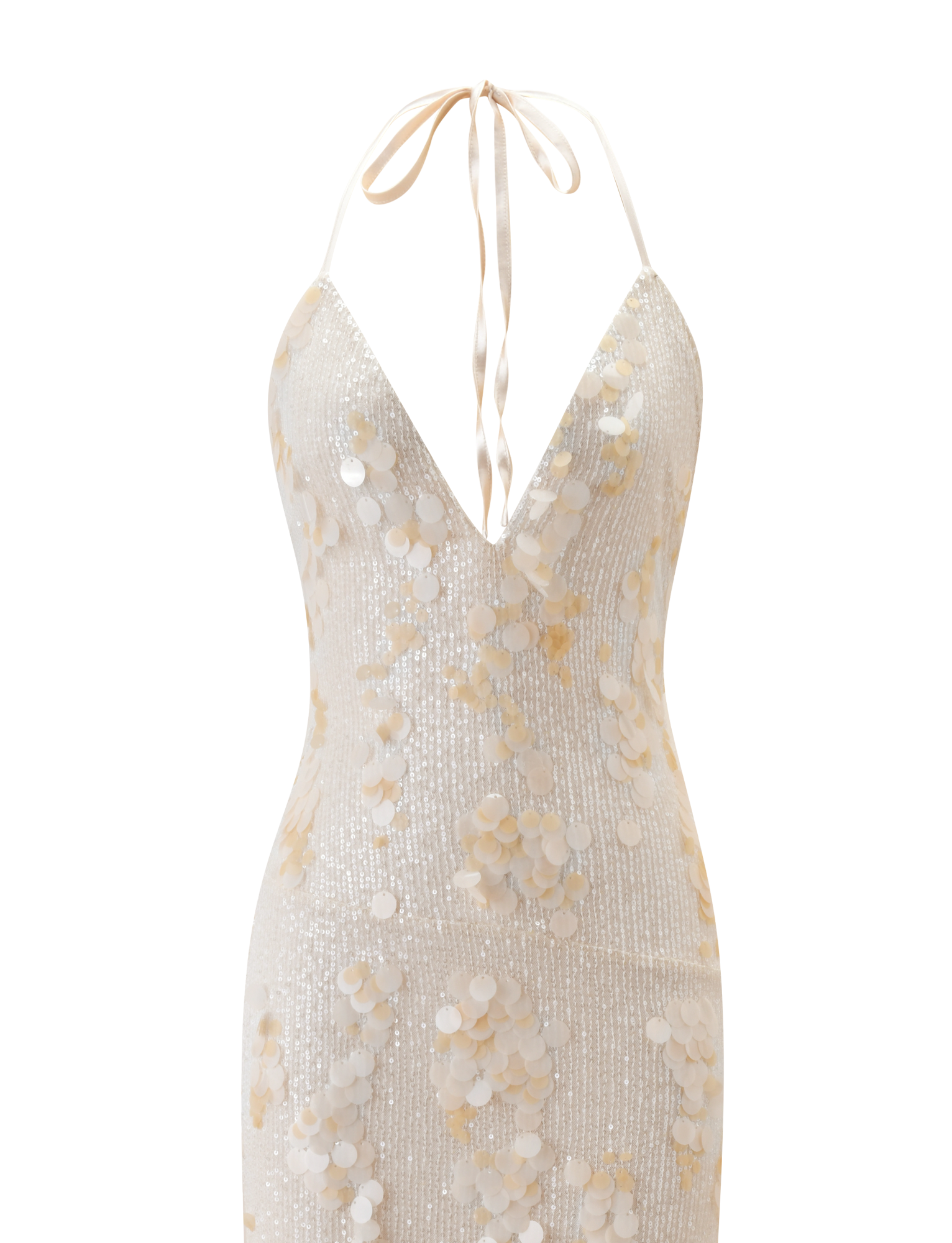 The ZANA MAXI DRESS - PEARL by TIGERMIST is a sleeveless, halter neck cream sequin maxi dress with a plunging V-neckline, neck tie, and large round pearl embellishments for a shimmery white or light beige textured look.