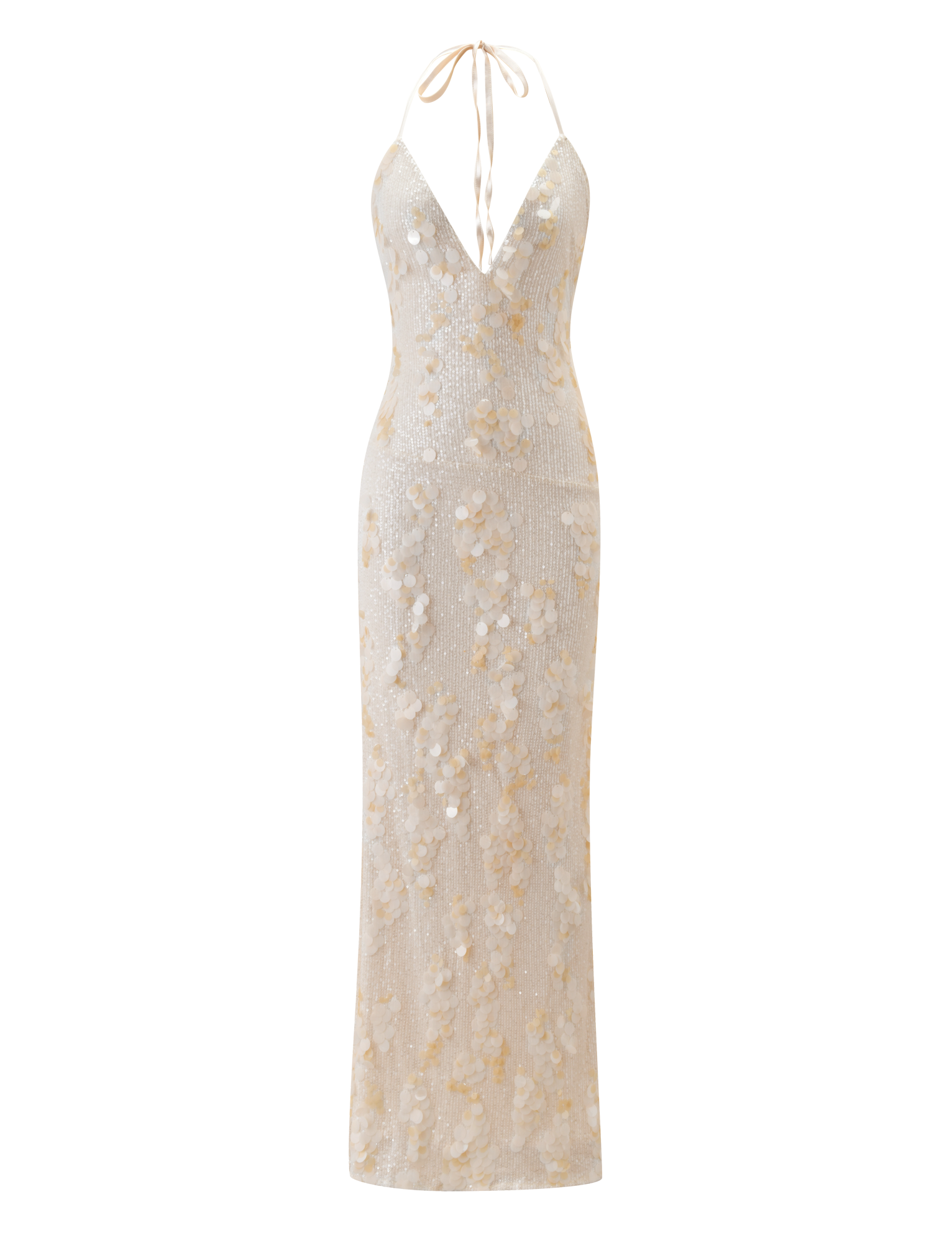 The ZANA MAXI DRESS - PEARL by TIGERMIST is a sleeveless sequin maxi with a plunging V-neckline, halter tie straps, and shimmering floral embellishments for an elegant statement look.