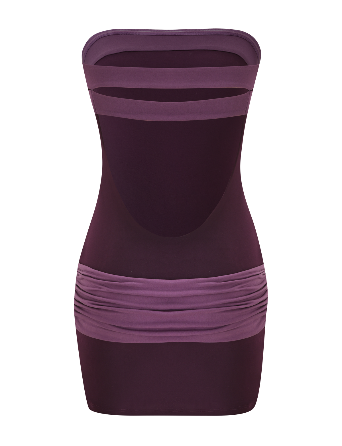 The EOS MINI DRESS - AUBERGINE AND IRIS by TIGERMIST features a strapless neckline, form-fitting silhouette, sheer mesh cutouts on the chest and midsection, hip-gathered details, and is shown against a plain white background.