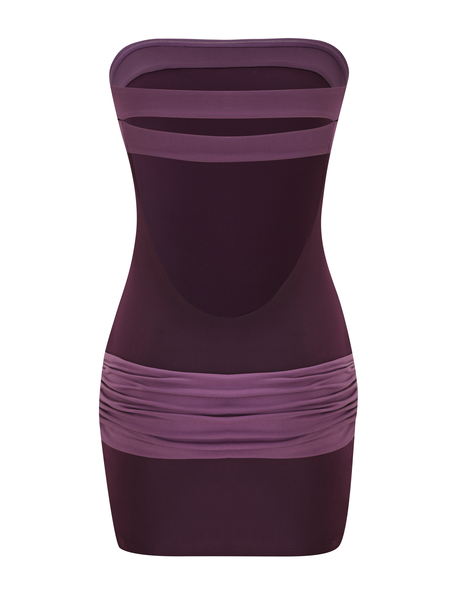 The EOS MINI DRESS - AUBERGINE AND IRIS by TIGERMIST features a strapless neckline, form-fitting silhouette, sheer mesh cutouts on the chest and midsection, hip-gathered details, and is shown against a plain white background.