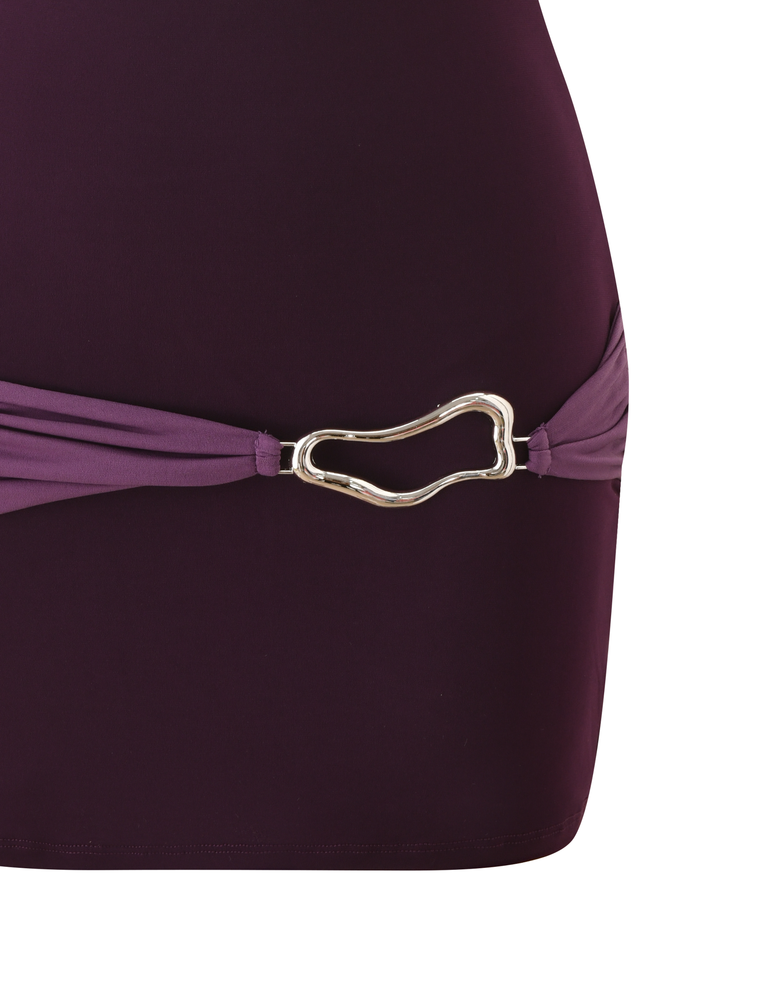 Close-up of the TIGERMIST EOS MINI DRESS in Aubergine and Iris, featuring color blocking and a gold abstract buckle at the hip. Set against a white background.