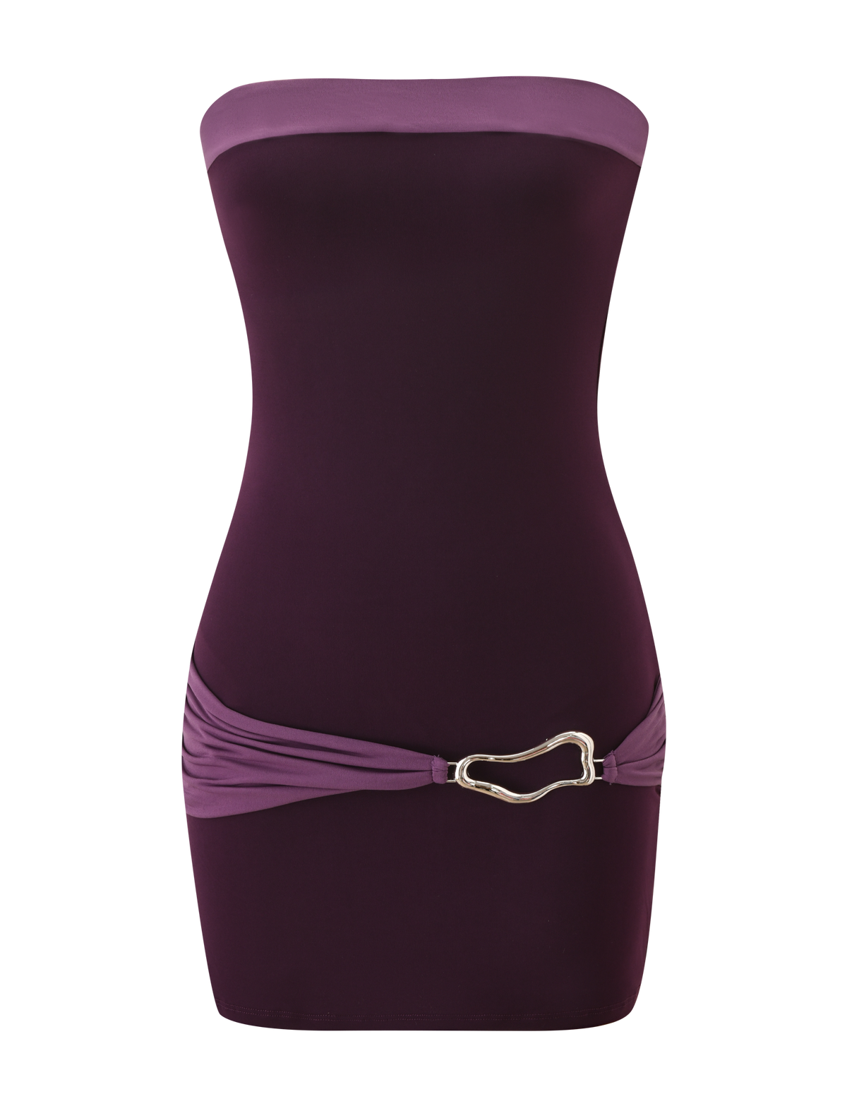 The EOS MINI DRESS by TIGERMIST features a strapless, form-fitting silhouette in aubergine and iris tones, color-blocked with a darker bodice, lighter waistband, and a metallic abstract buckle accent at the hip.
