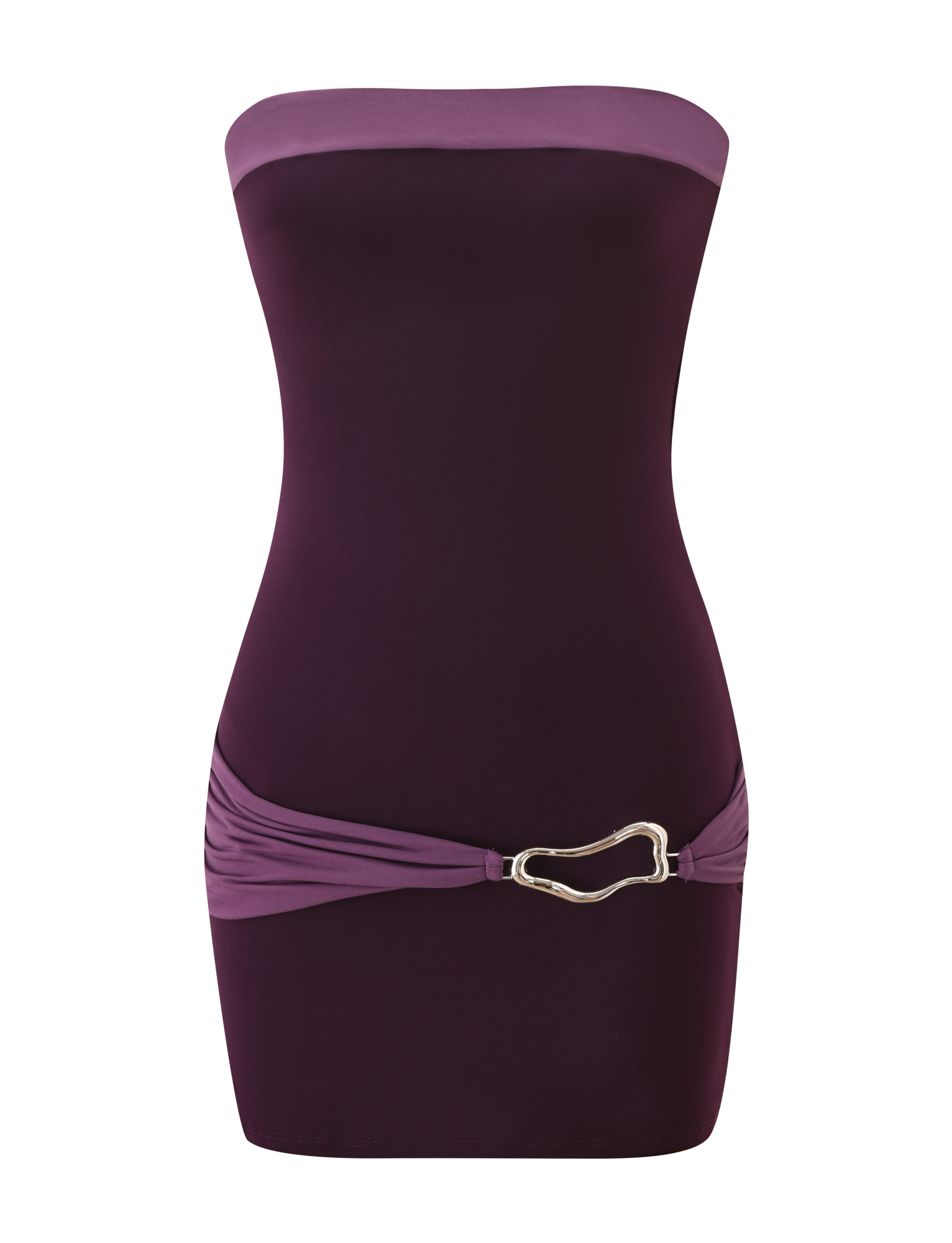 The EOS MINI DRESS by TIGERMIST features a strapless, form-fitting silhouette in aubergine and iris tones, color-blocked with a darker bodice, lighter waistband, and a metallic abstract buckle accent at the hip.