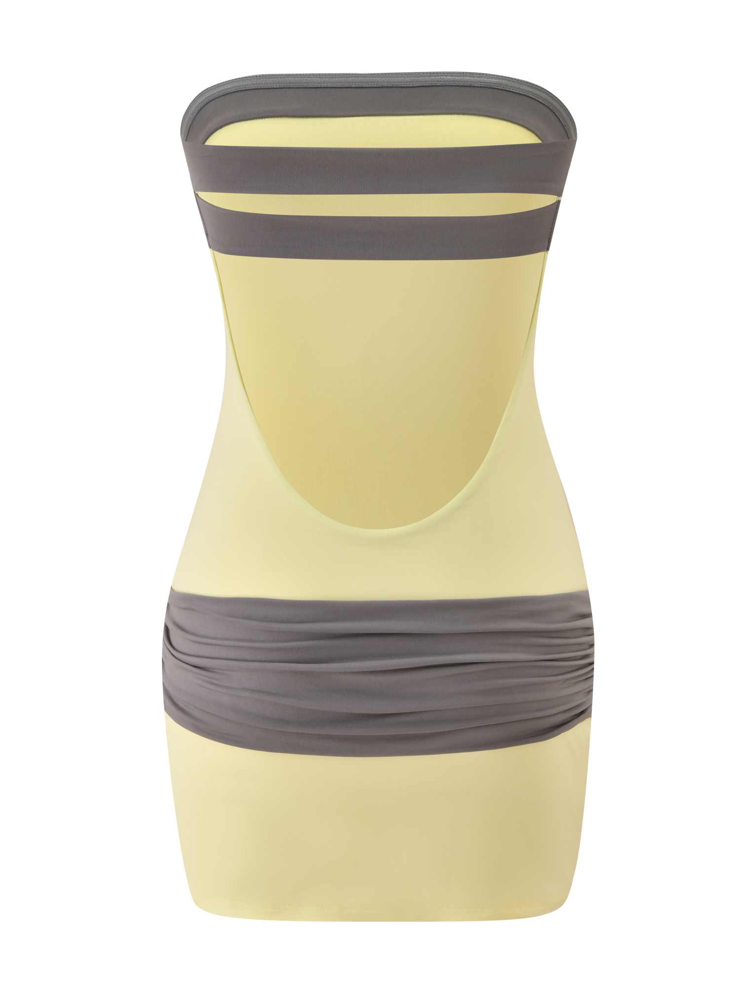 The TIGERMIST EOS MINI DRESS in butter yellow and grey features a strapless neckline, fitted silhouette, wide horizontal gray bands across the upper back and waist, and ruched waist detailing.