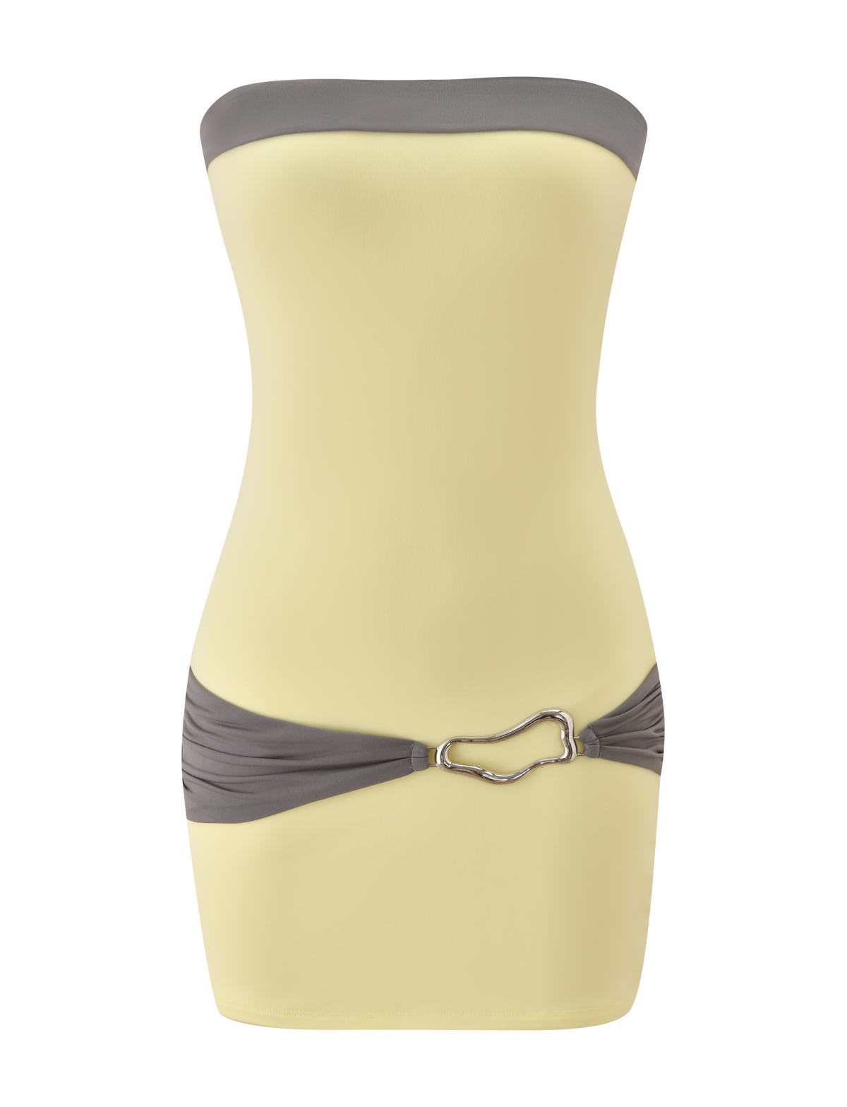The EOS MINI DRESS by TIGERMIST features a strapless neckline in butter yellow with grey color-blocked bands and a silver front clasp, shown fitted on a plain white background.