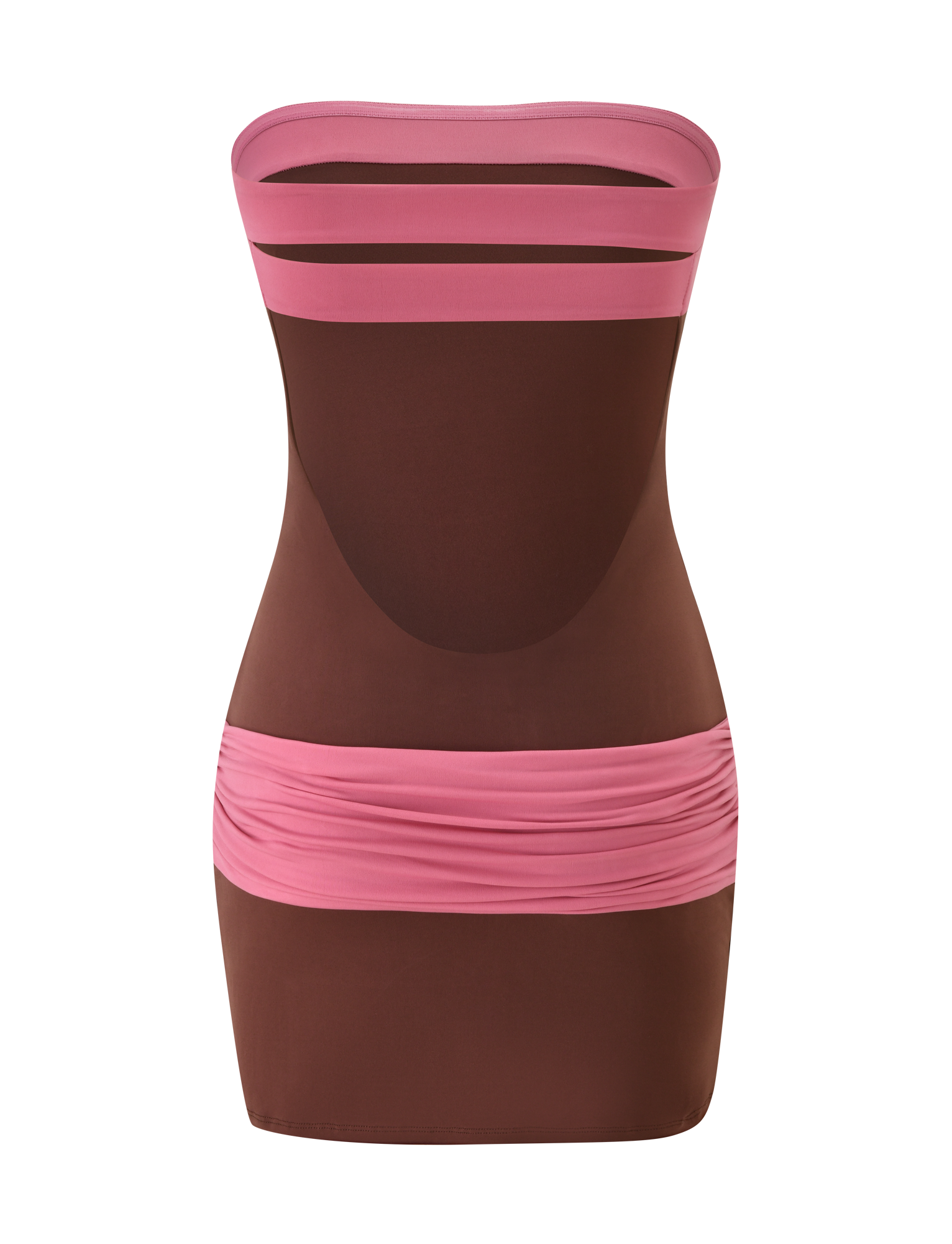 The EOS MINI DRESS - ESPRESSO AND ROSE by TIGERMIST is a strapless, bodycon mini dress featuring sheer brown fabric with pink bands at the top and hips, colour blocked design, and a fitted silhouette. Shown on a white background.