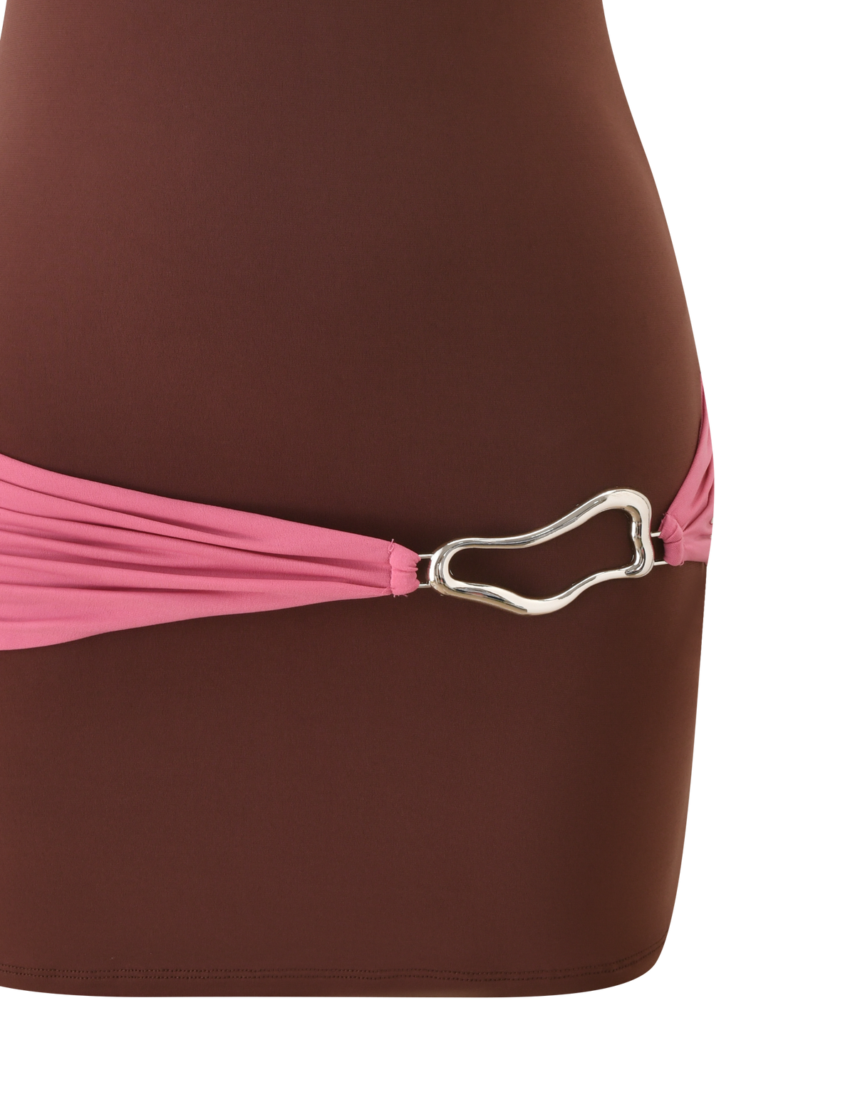 A close-up of the TIGERMIST EOS MINI DRESS in espresso and rose, featuring colour blocking and a pink fabric belt with a silver, irregular-shaped buckle at the waist.