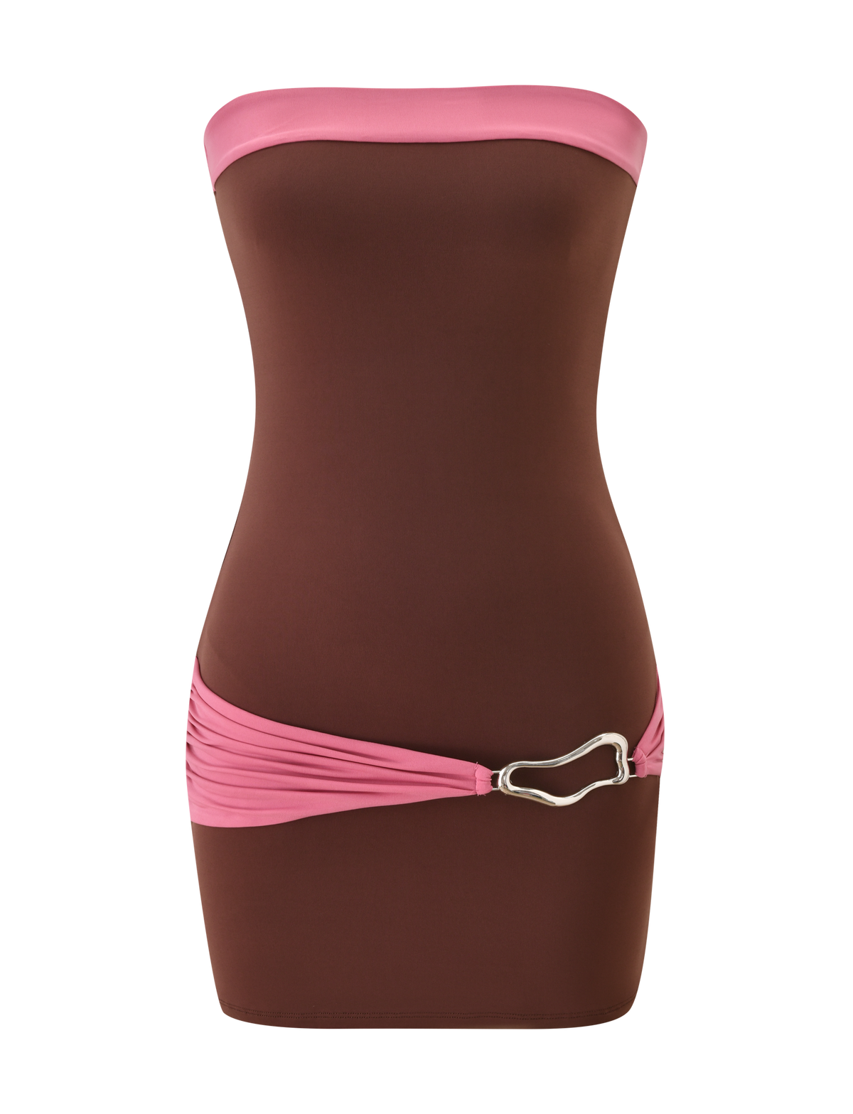 The EOS MINI DRESS - ESPRESSO AND ROSE by TIGERMIST is a strapless, colour-blocked mini dress in brown with a pink top band and ruched belt at the waist, finished with a silver abstract buckle on the side.
