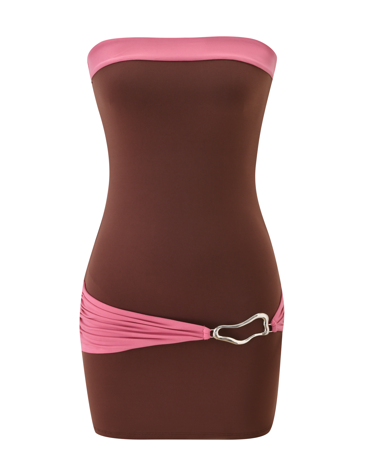 The EOS MINI DRESS - ESPRESSO AND ROSE by TIGERMIST is a strapless, colour-blocked mini dress in brown with a pink top band and ruched belt at the waist, finished with a silver abstract buckle on the side.