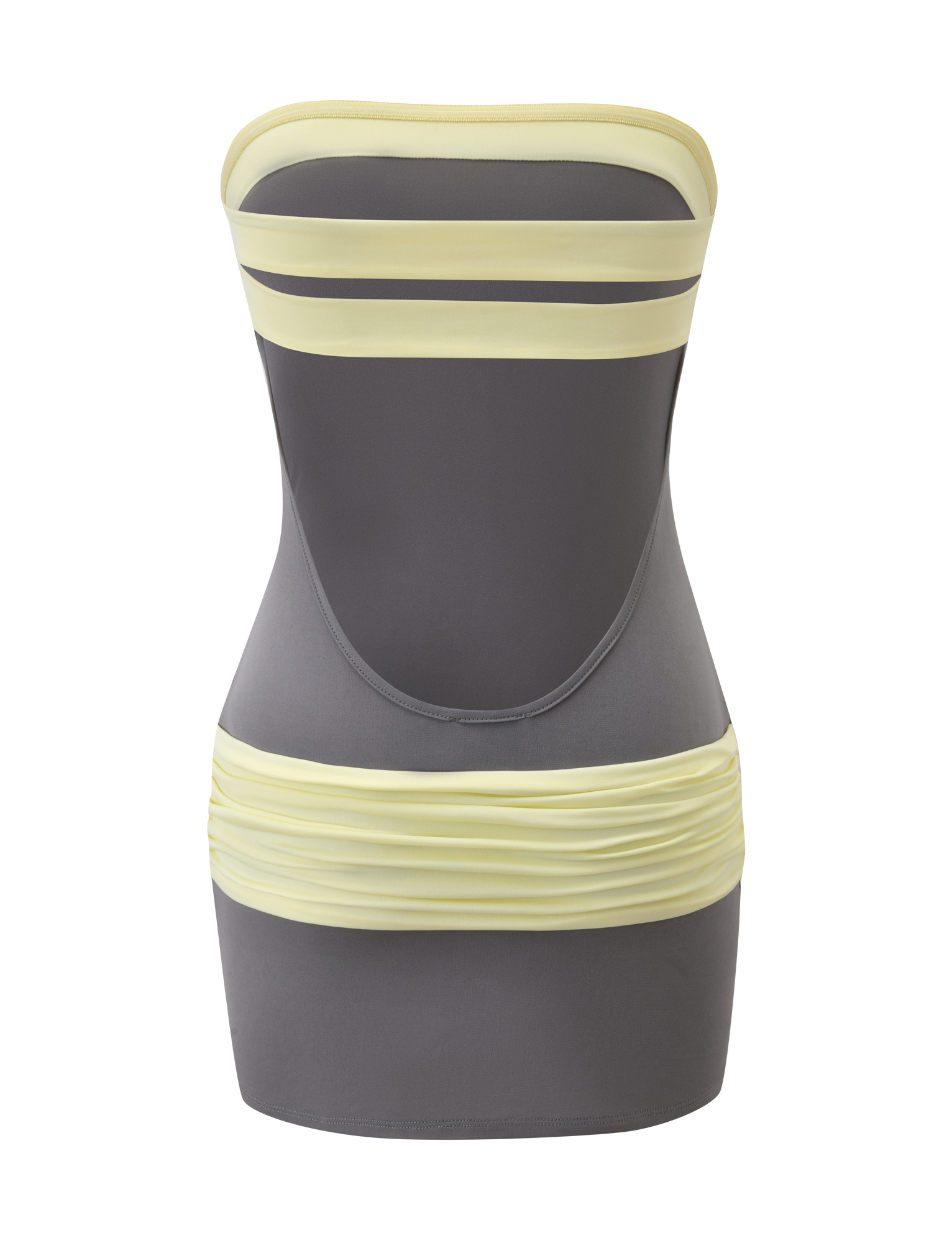 The TIGERMIST EOS MINI DRESS in grey and yellow features a strapless cut, light yellow trim at the top, and a ruched yellow hip band. This colour-blocked mini dress is perfect for standout style and is shown on a white background.