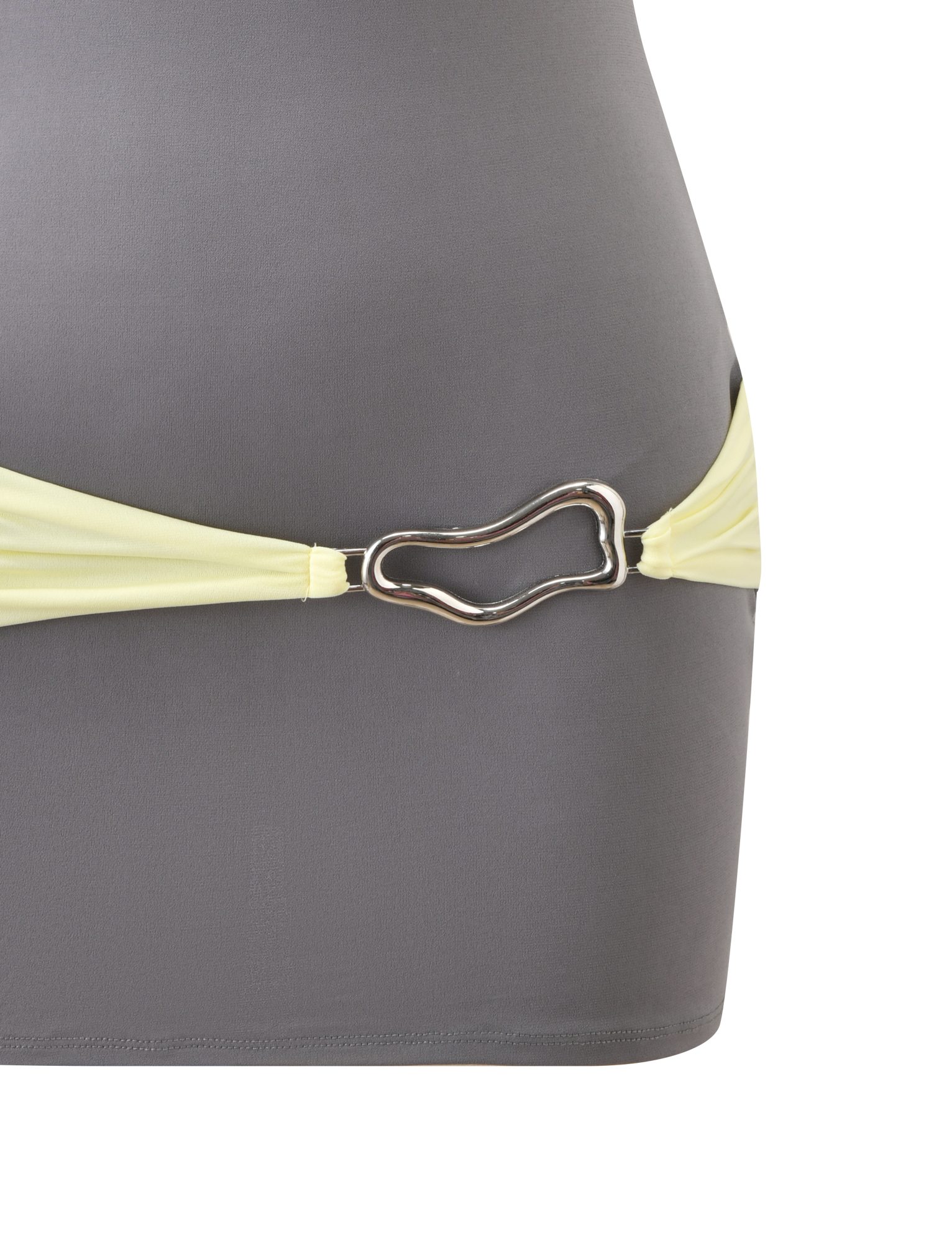 Close-up of the TIGERMIST EOS MINI DRESS in grey and yellow, featuring a yellow strap with a silver abstract buckle at the hip. Plain white background.