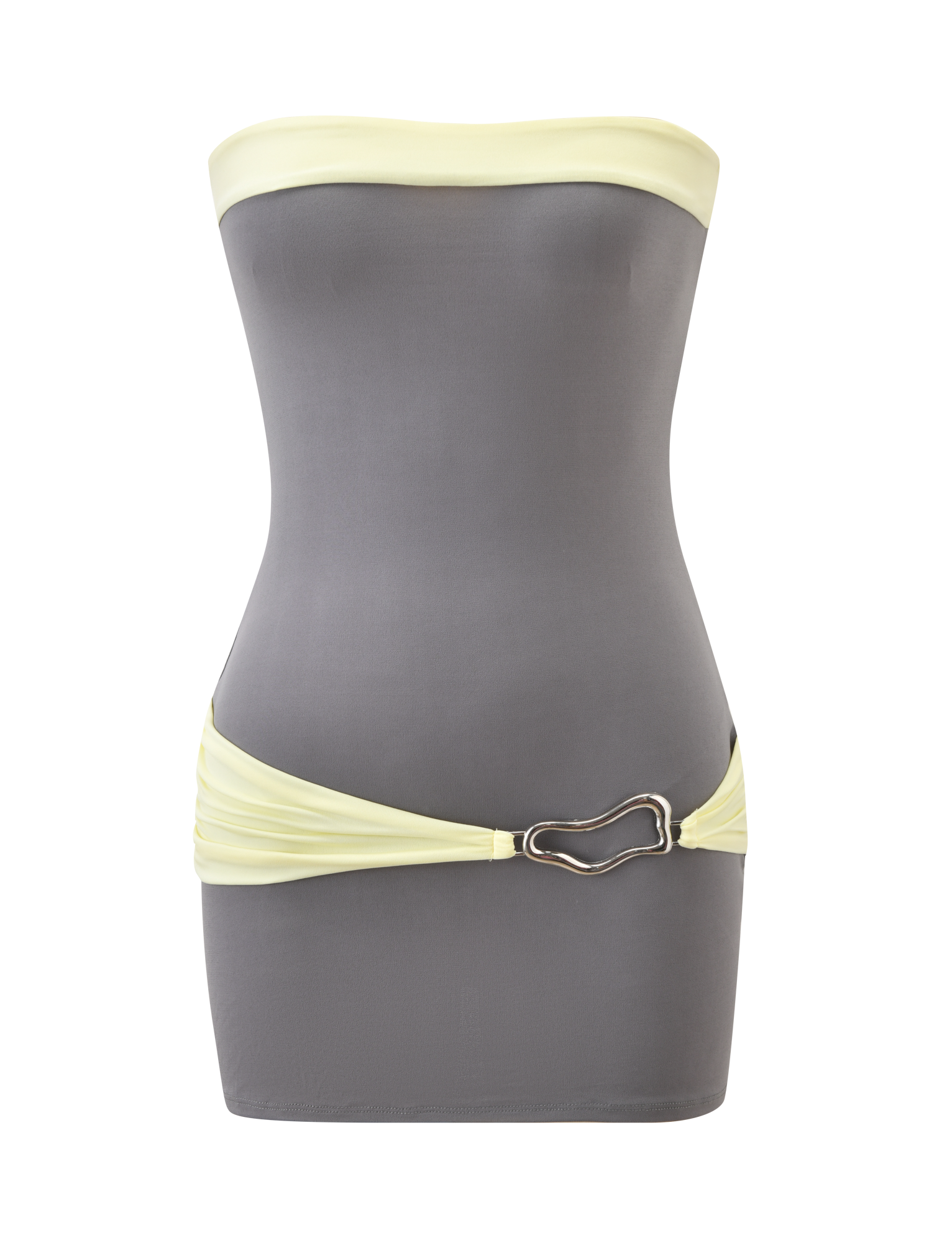 The TIGERMIST EOS MINI DRESS in grey and yellow features a strapless color-blocked design, light yellow trim across the top, a matching yellow hip belt, and a silver abstract butterfly-shaped buckle.