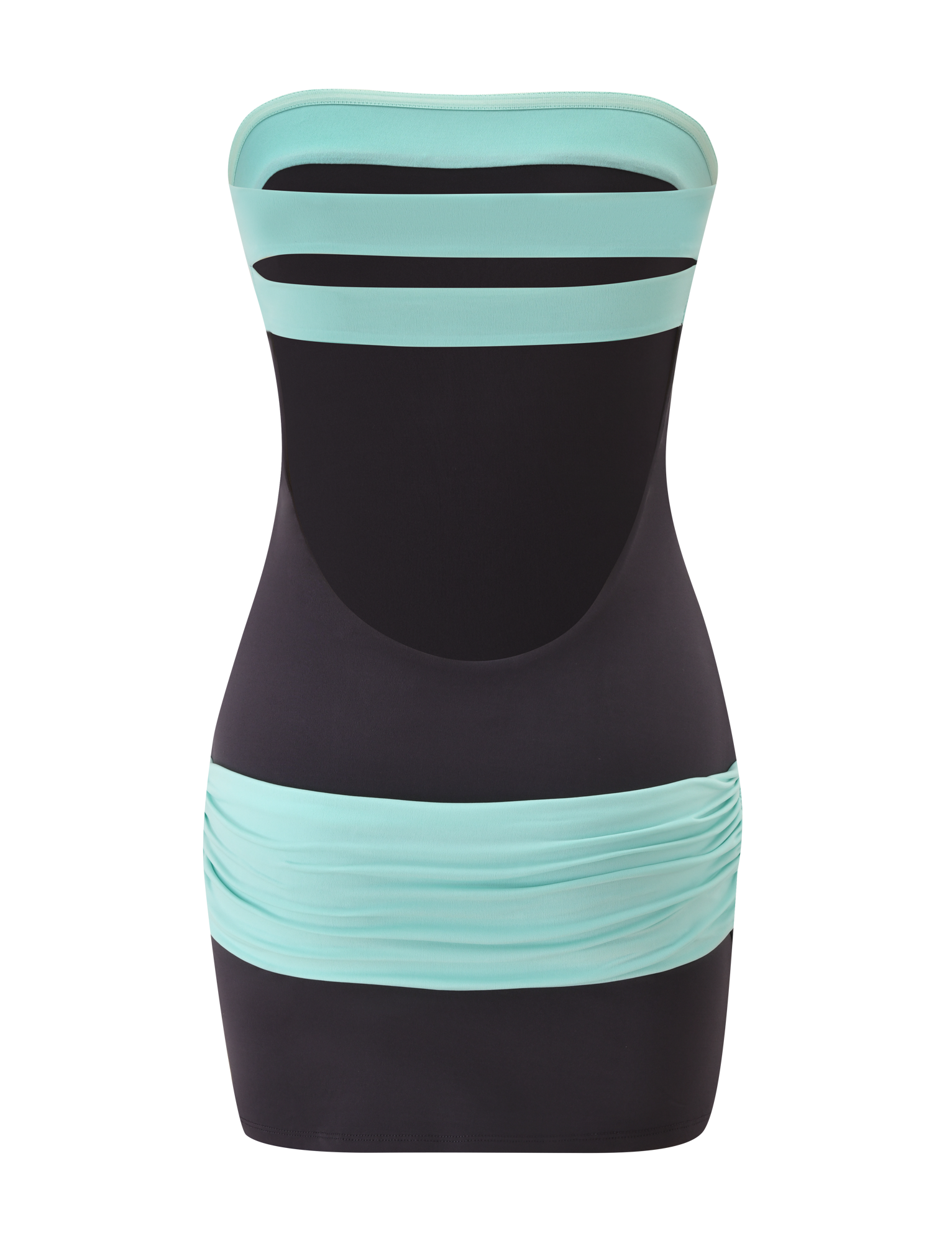 The TIGERMIST EOS MINI DRESS - MIDNIGHT AND AQUA is a strapless, form-fitting mini dress with black fabric, light blue bands across the chest and hips, and an oval front cutout.