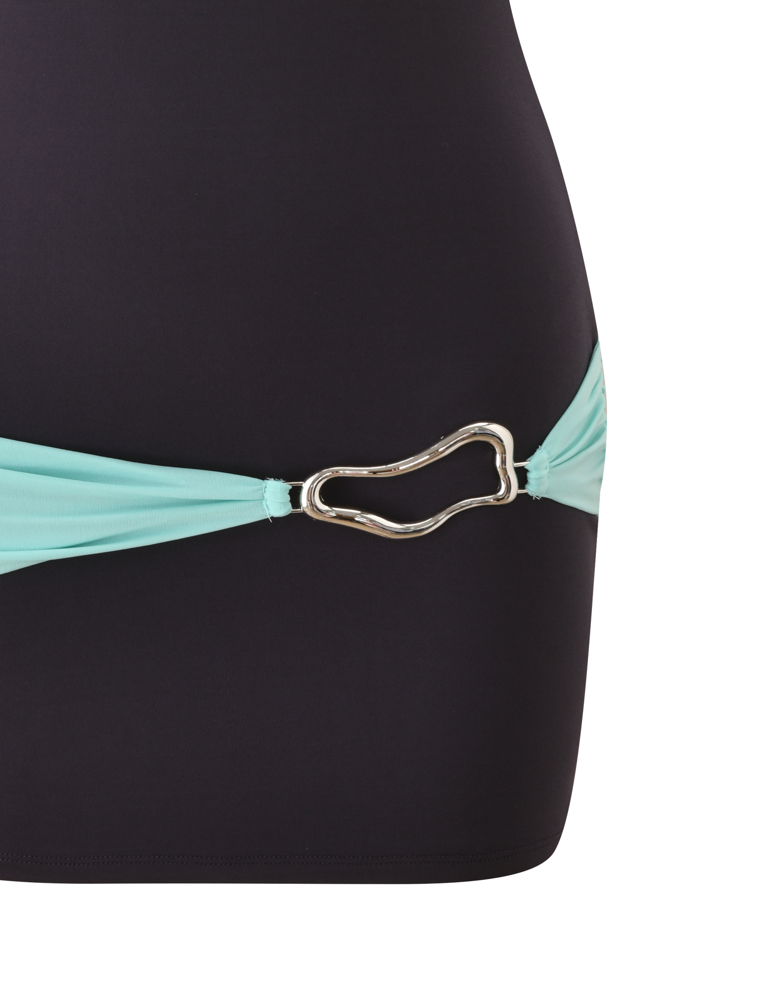 Close-up of the TIGERMIST EOS MINI DRESS in midnight and aqua, showcasing its black body, light turquoise side strap, and a metallic bone-shaped buckle on the hip for a bold, color-blocked look.