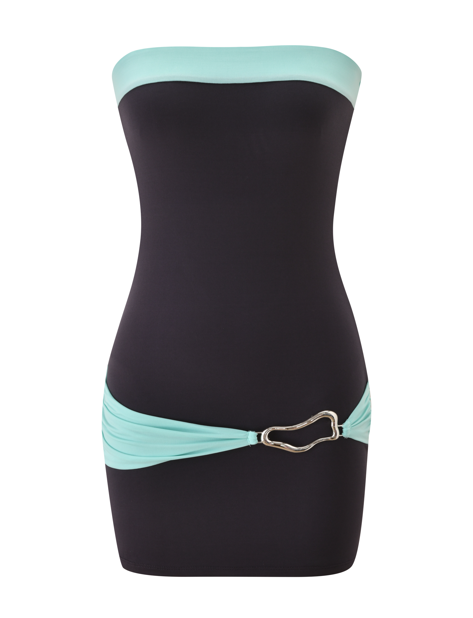 The TIGERMIST EOS MINI DRESS - MIDNIGHT AND AQUA is a strapless, fitted mini dress with a black body, aqua trim, and matching sash at the hips finished with a silver buckle for chic color blocking.