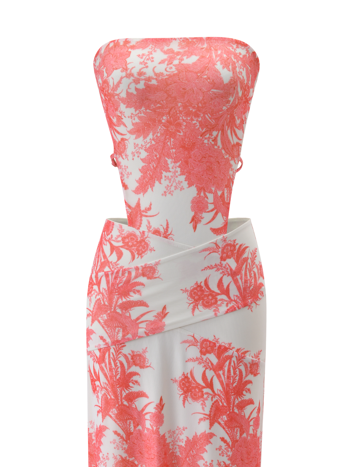 The POPPI MAXI DRESS - CORAL TAPESTRY by TIGERMIST features a strapless neckline, vibrant coral tapestry print, fitted bodice, and wrap-style skirt for an elegant, modern silhouette that stands out beautifully.