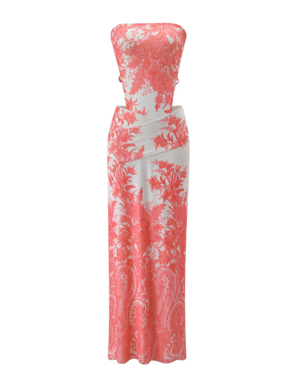 The POPPI MAXI DRESS - CORAL TAPESTRY by TIGERMIST is a strapless white dress with a coral tapestry print, detailed pink florals, a fitted bodice, and a long flowing skirt.