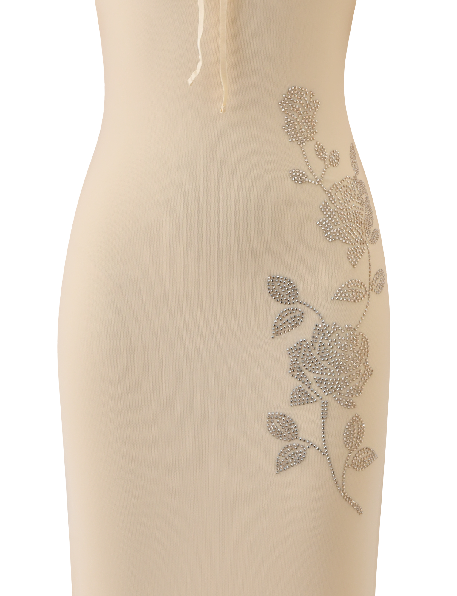 A close-up of the TIGERMIST OPHELIA MAXI DRESS in cream, showcasing adjustable spaghetti straps and a vertical silver rhinestone floral embellishment with leaves and blooms on the hip and thigh.