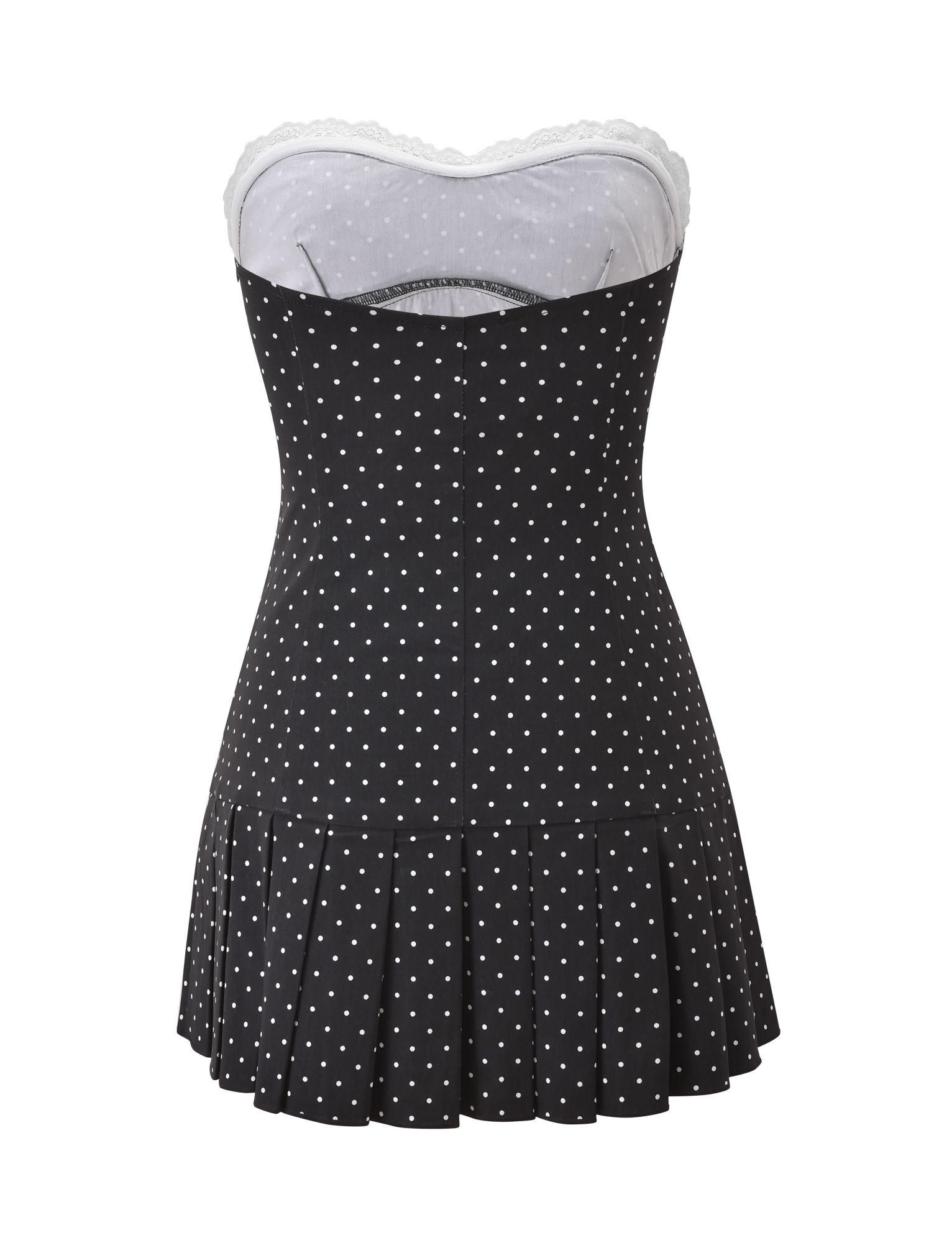 The TIGERMIST KITTIE LACE PLEAT DRESS - BLACK DOT is a strapless polka dot mini dress with a sweetheart neckline, fitted bodice, visible white lining at the bust, and a pleated skirt, shown against a plain white background.