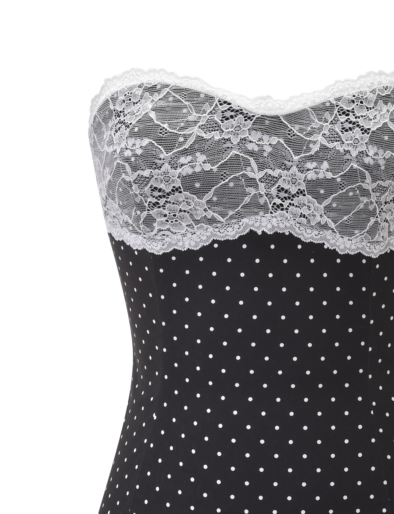 The KITTIE LACE PLEAT DRESS - BLACK DOT by TIGERMIST is a strapless mini dress with black fabric, white polka dots, a white lace trim across the top, and a subtle sweetheart neckline, displayed against a plain white background.