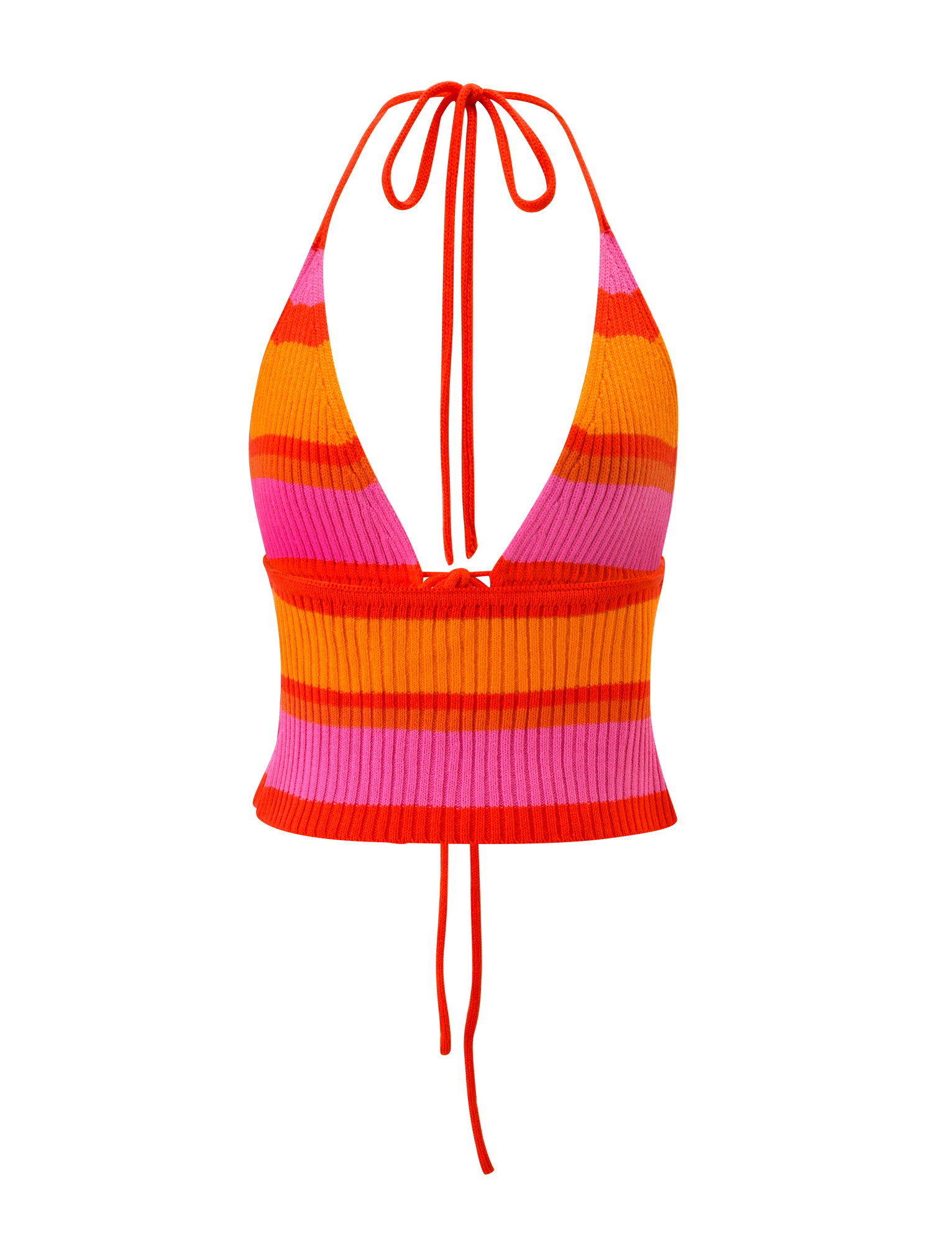 The TIGERMIST EVERLY CROCHET HALTER TOP - SUNSET TROPICAL STRIPE is a sleeveless, ribbed knit halter with tie straps and a plunging neckline, featuring bold pink, orange, and red stripes on a white background.