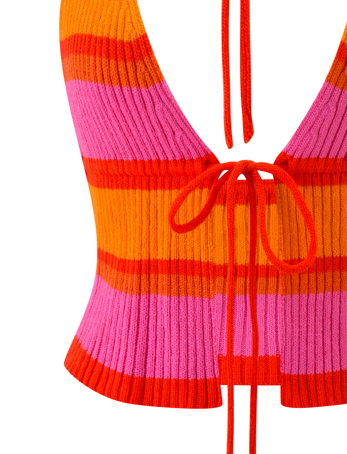 A close-up of the TIGERMIST EVERLY CROCHET HALTER TOP - SUNSET TROPICAL STRIPE, showcasing ribbed crochet knit with pink and orange stripes, a deep V-neck, and two orange front ties.