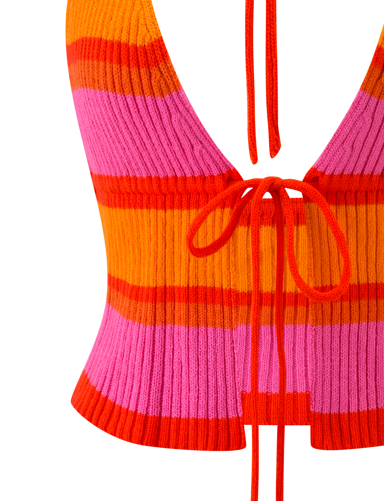 A close-up of the TIGERMIST EVERLY CROCHET HALTER TOP - SUNSET TROPICAL STRIPE, showcasing ribbed crochet knit with pink and orange stripes, a deep V-neck, and two orange front ties.