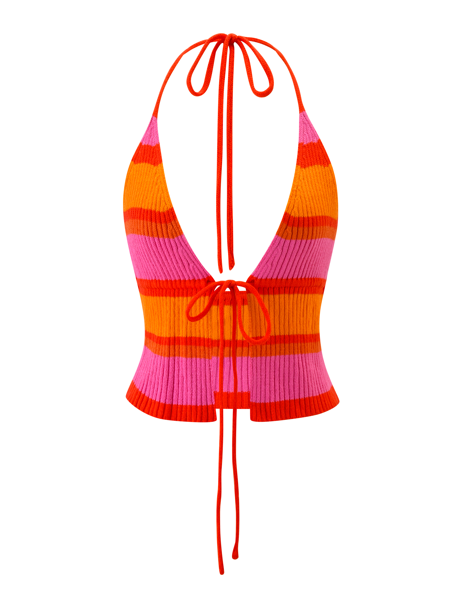 The EVERLY CROCHET HALTER TOP - SUNSET TROPICAL STRIPE by TIGERMIST features orange, red, and pink stripes, a halter neck, deep V-neckline, open back, and long red ties at the neck and lower back.