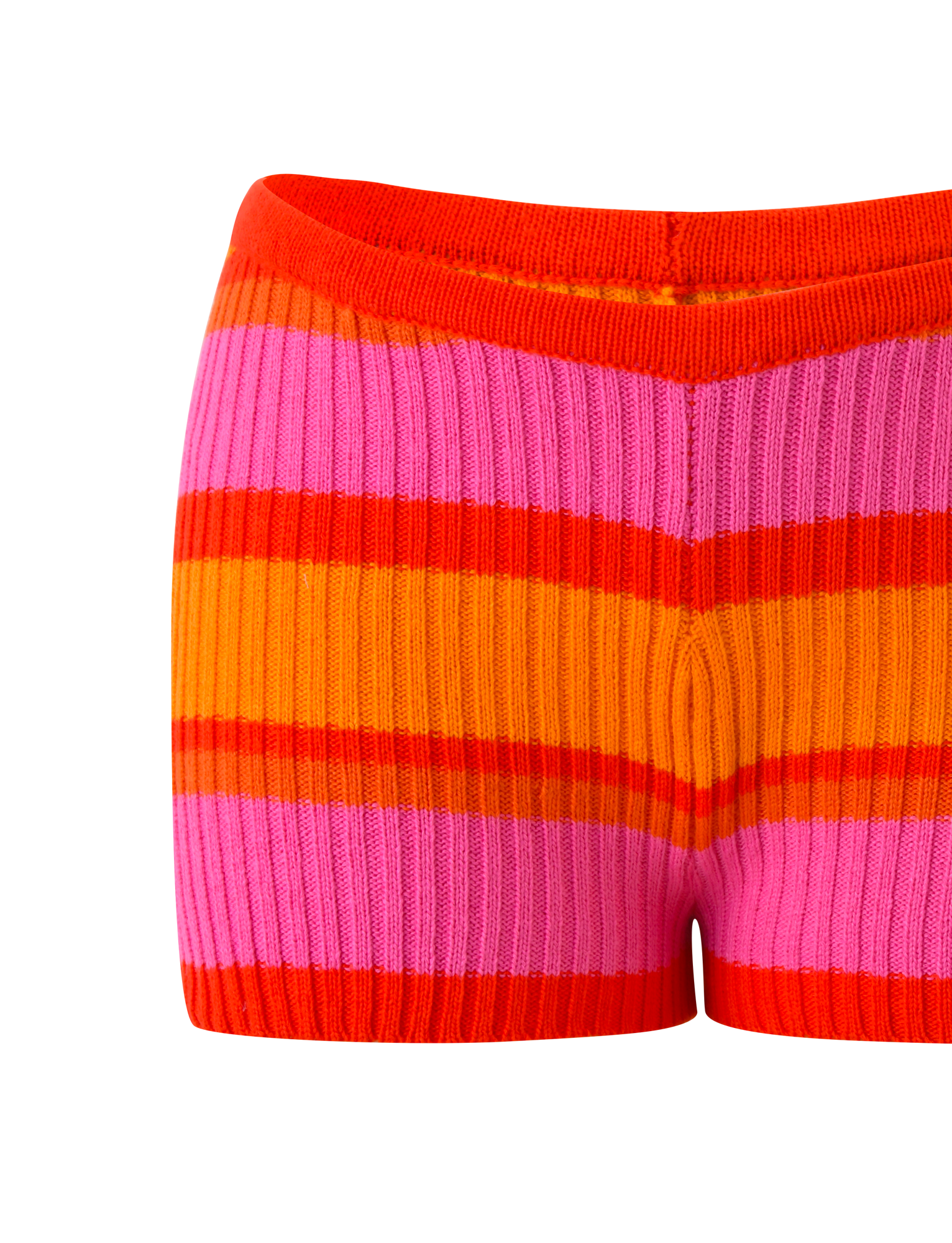 Close-up of the TIGERMIST EVERLY KNIT SHORT – SUNSET TROPICAL STRIPE, a ribbed, fitted mini short in vibrant red, orange, and pink stripes with a comfy pull-on design.