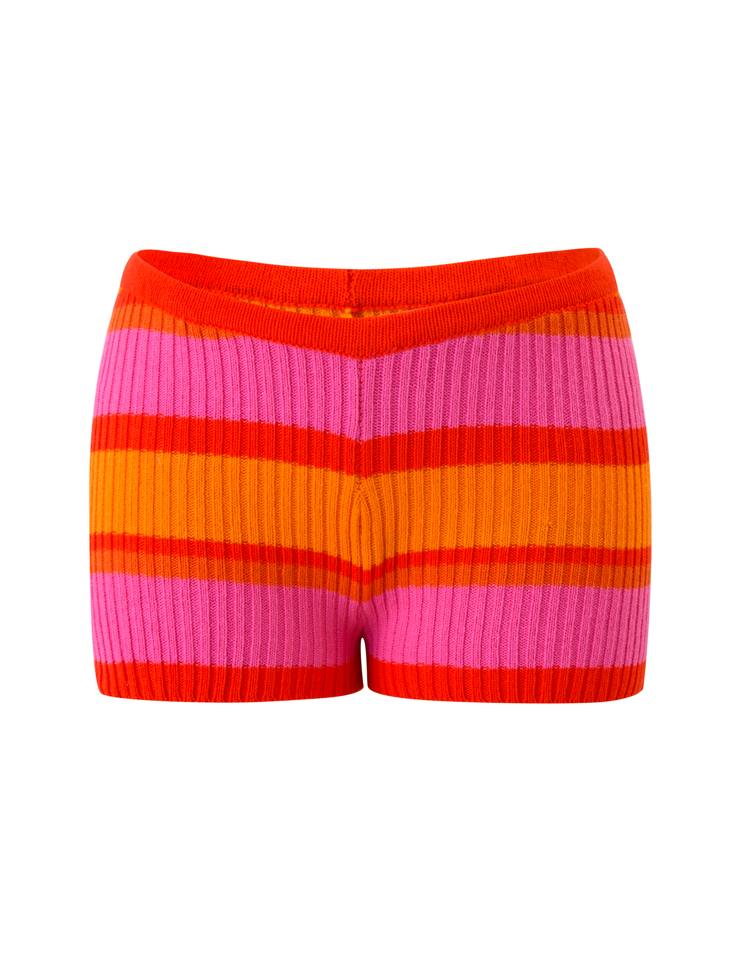 The EVERLY KNIT SHORT - SUNSET TROPICAL STRIPE by TIGERMIST features a vibrant, striped design in red, orange, and pink with an elastic waistband, shown against a plain white background.