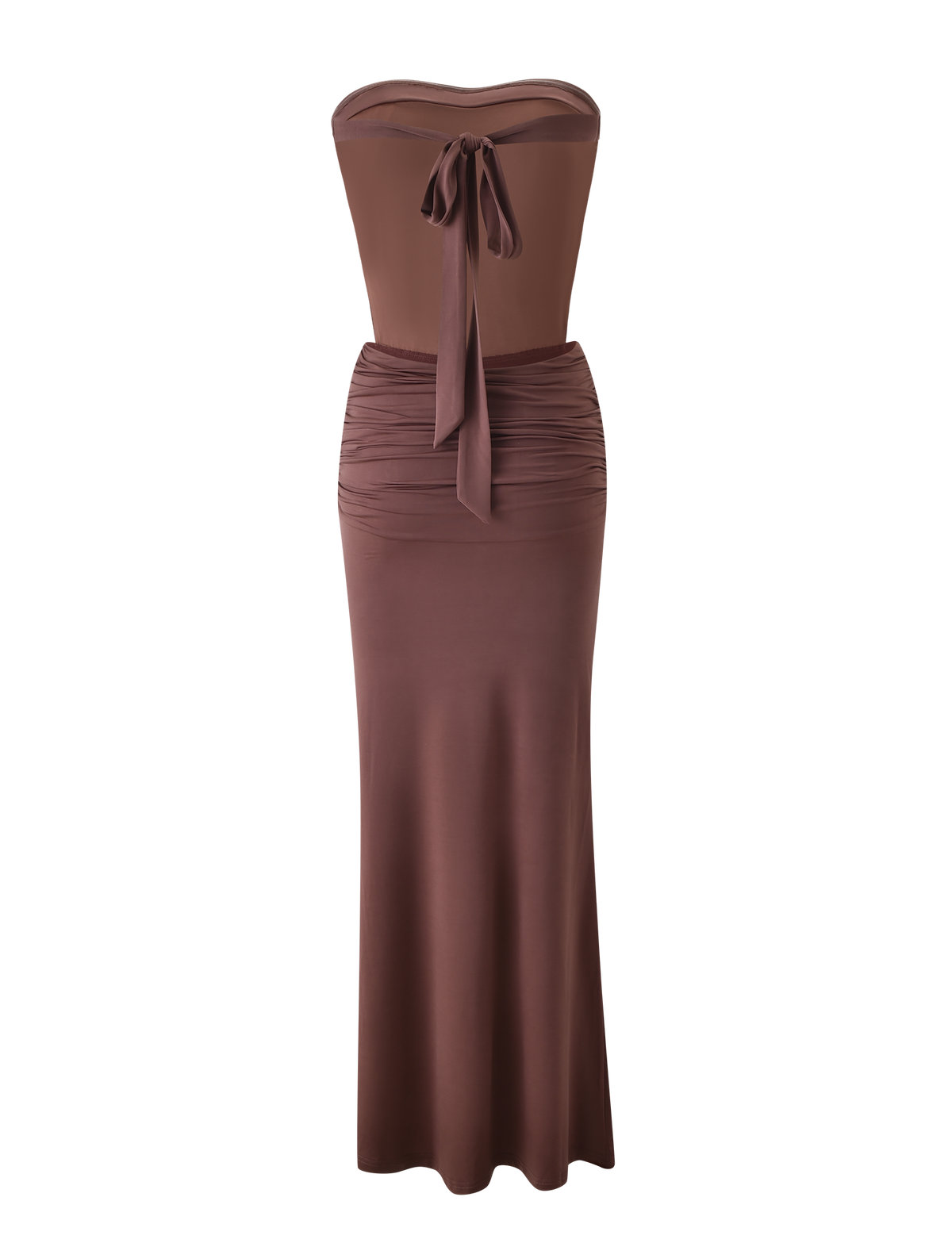 The IOLLA STRAPLESS MAXI DRESS - MOCHA by TIGERMIST features a strapless ruched bodice, fitted waist, and back bow tie detail in a rich mocha shade. Displayed against a plain white background.