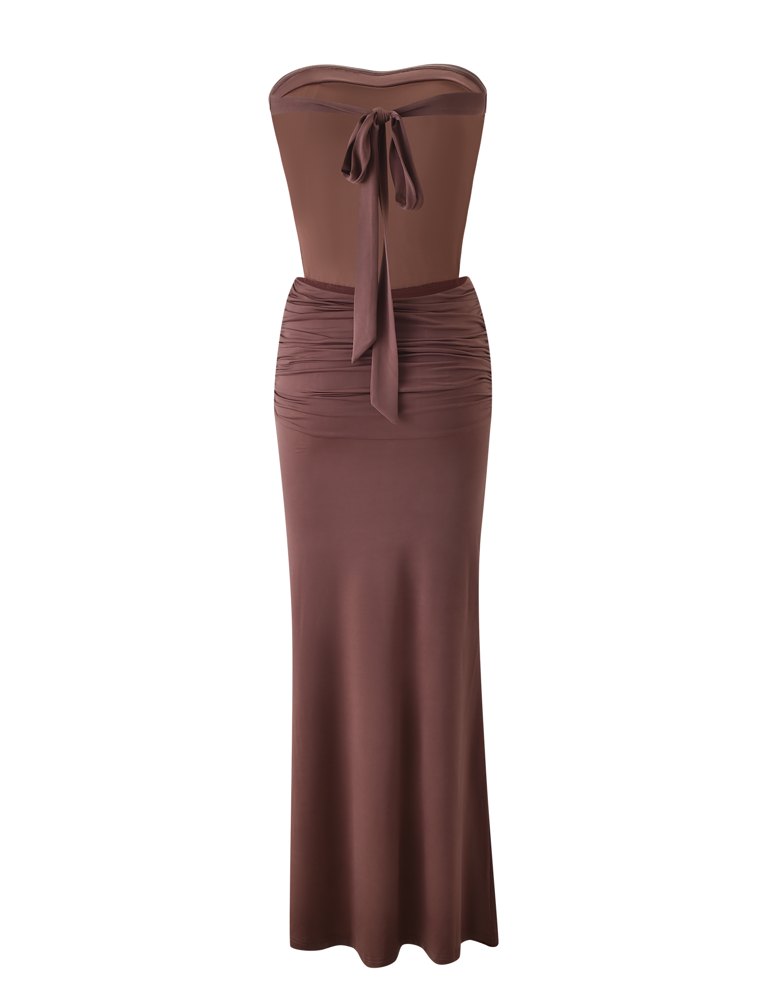 The IOLLA STRAPLESS MAXI DRESS - MOCHA by TIGERMIST features a strapless ruched bodice, fitted waist, and back bow tie detail in a rich mocha shade. Displayed against a plain white background.