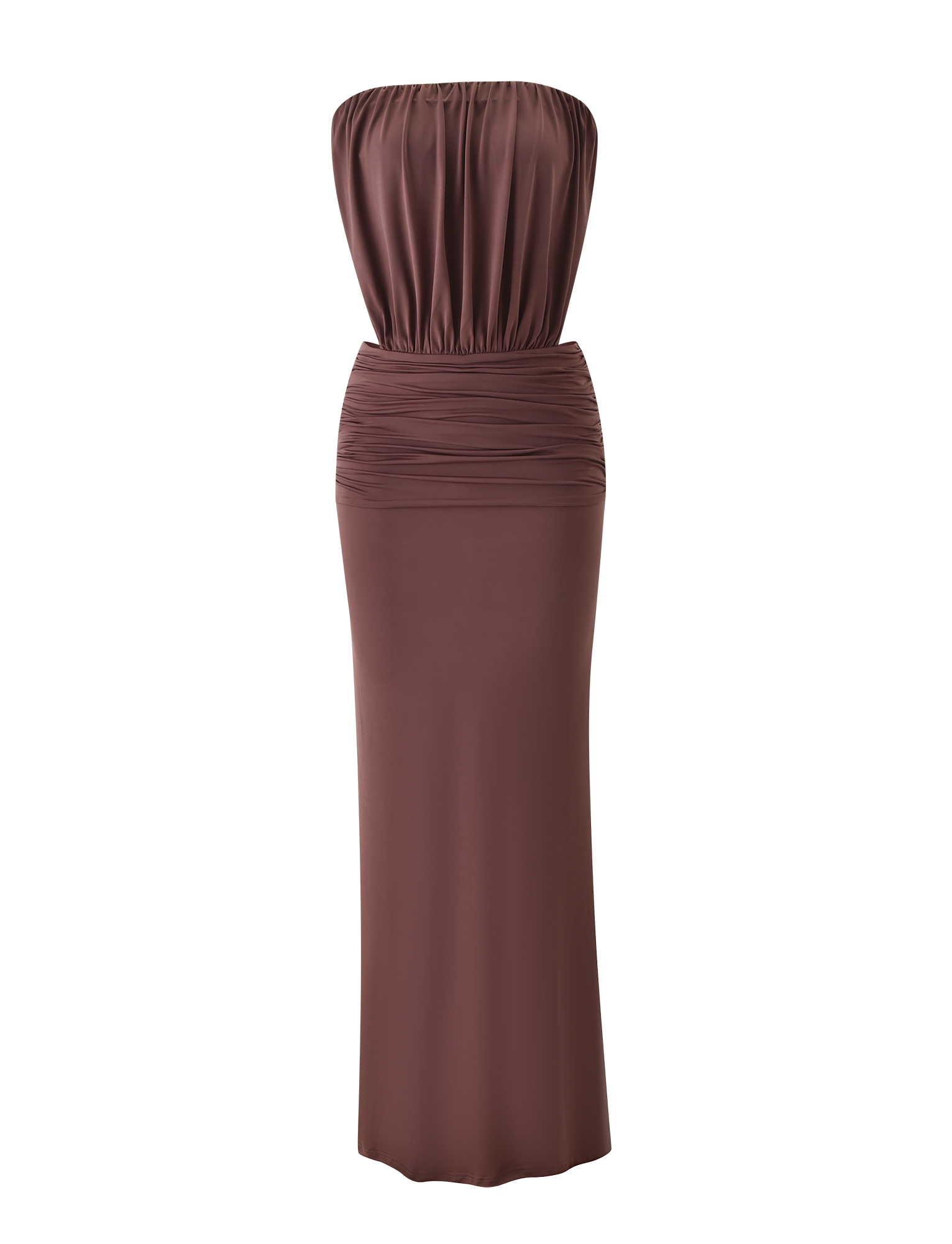 The IOLLA STRAPLESS MAXI DRESS by TIGERMIST features a mocha hue, blouson-style bodice with ruching, and a fitted skirt that hugs the hips and flows gracefully for a Grecian-inspired maxi dress look.