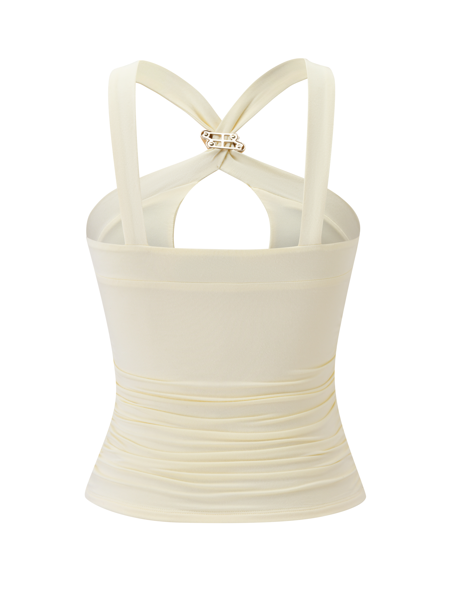 Back view of the TIGERMIST FINCH TOP in cream, showcasing crisscross straps with twisted gold hardware and gentle ruching above the waist for a flattering fit. This sleeveless design creates a chic silhouette.