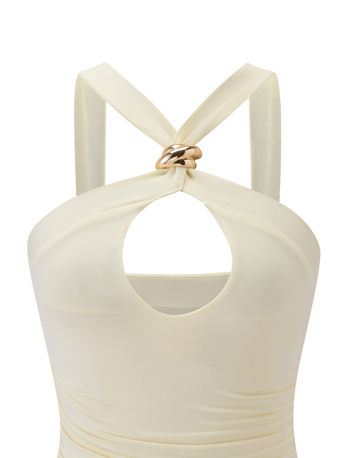 A close-up of the TIGERMIST FINCH TOP in cream, featuring a keyhole cutout chest, two thick straps crossing and gathered at the neckline with twisted gold hardware and silver metallic rings.