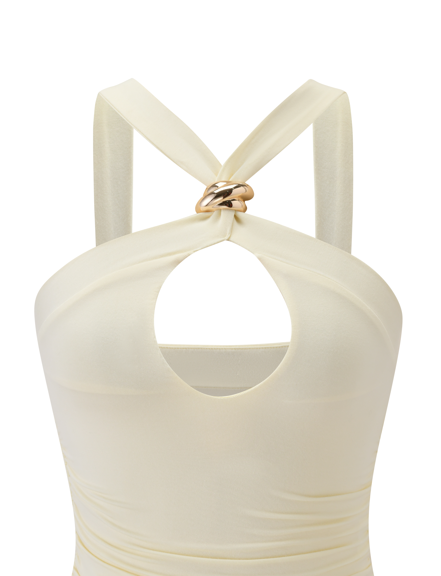 A close-up of the TIGERMIST FINCH TOP in cream, featuring a keyhole cutout chest, two thick straps crossing and gathered at the neckline with twisted gold hardware and silver metallic rings.