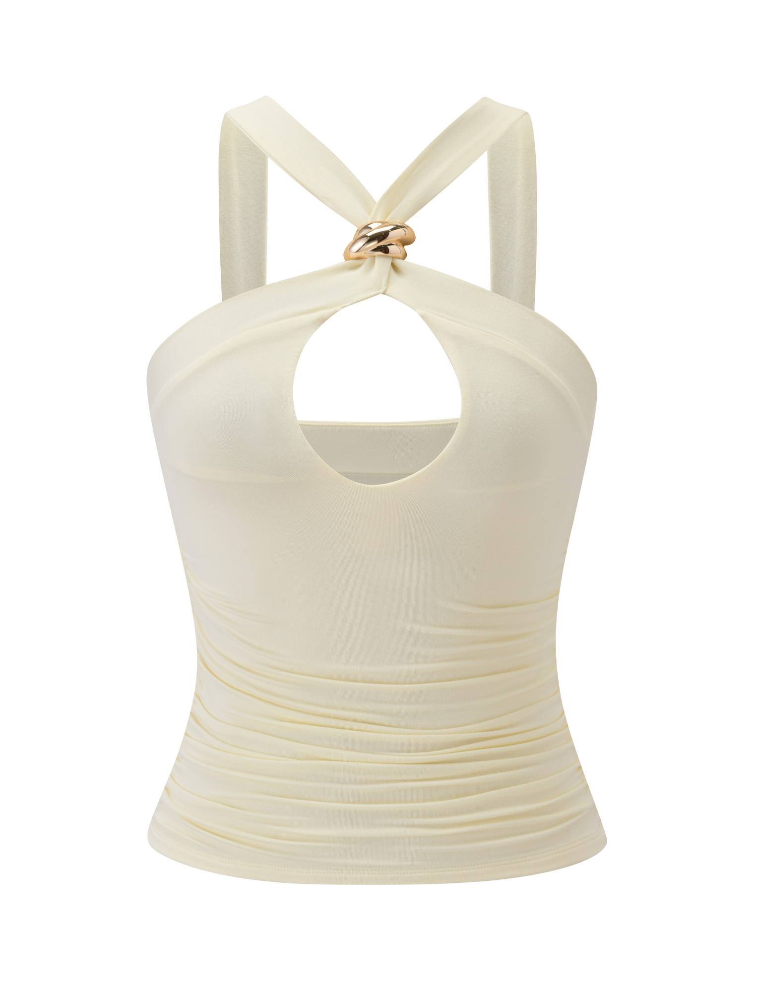 The FINCH TOP - CREAM by TIGERMIST is a sleeveless halter keyhole top with chest cutout detail, wide crossing straps, twisted gold hardware at the neckline, and gentle waist ruching.