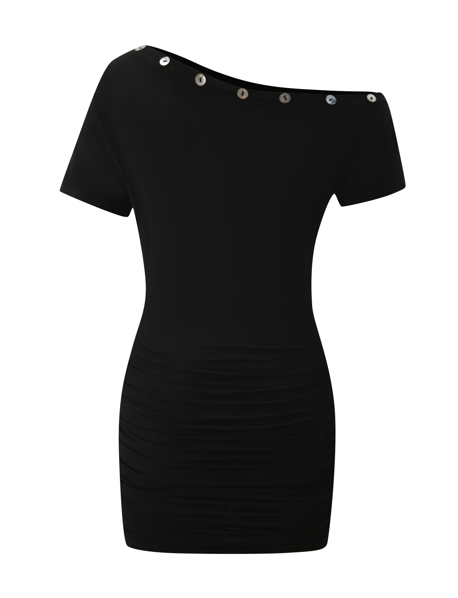 The MARITA DRESS - BLACK by TIGERMIST is a short black mini dress in buttery jersey with an asymmetrical neckline, short sleeves, metallic shoulder buttons, and subtle ruching on the lower half.