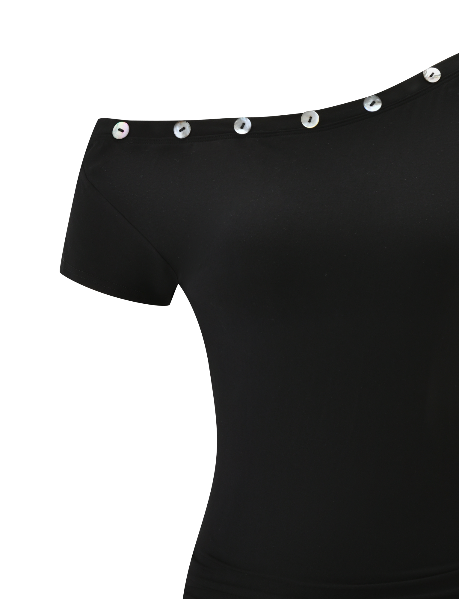 The MARITA DRESS - BLACK by TIGERMIST features short sleeves, an asymmetrical neckline, and large, shiny round buttons on the top edge, all crafted from buttery jersey for a sleek finish.