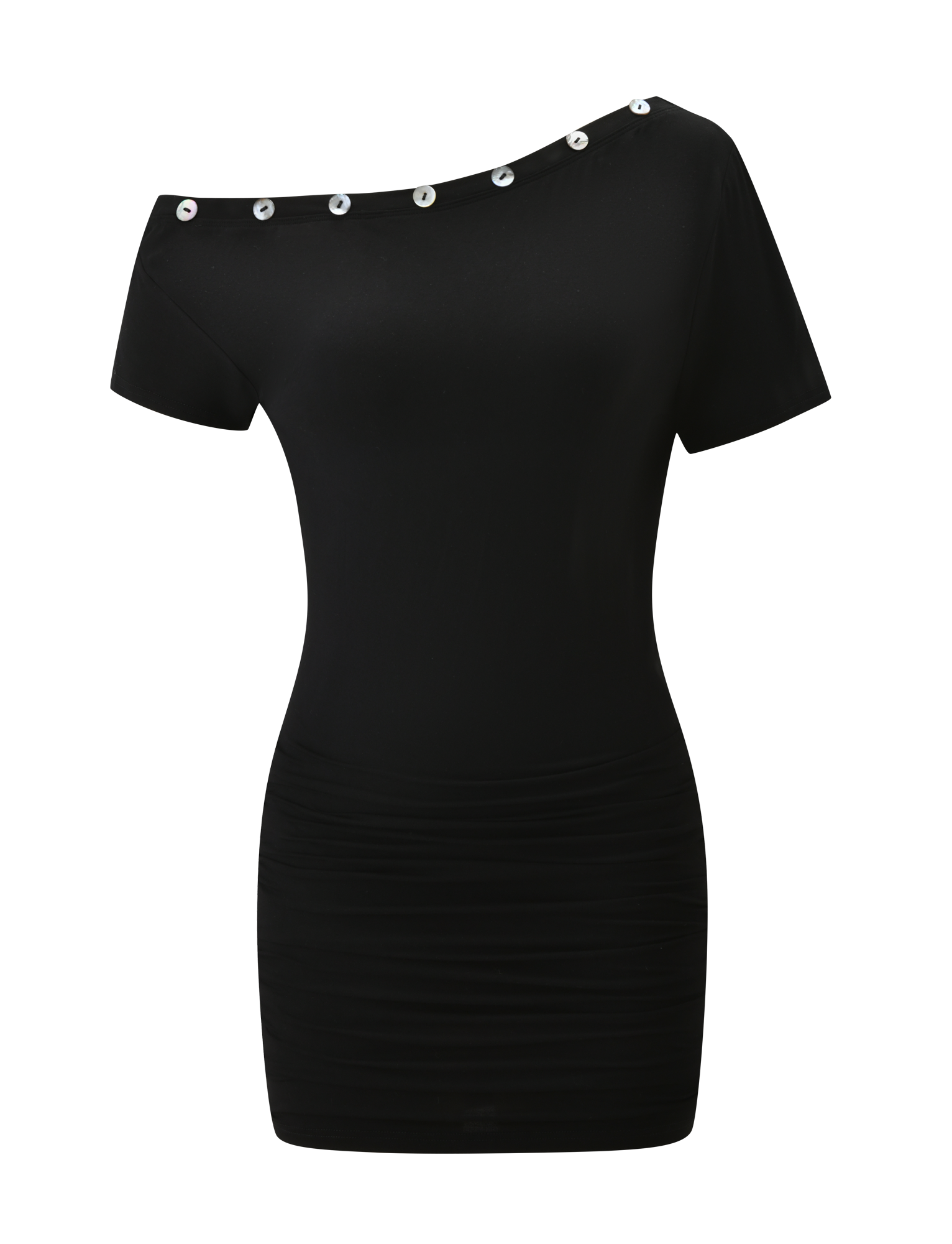 The MARITA DRESS - BLACK by TIGERMIST is a short-sleeved, bodycon mini dress with an asymmetrical neckline and silver buttons along one shoulder.