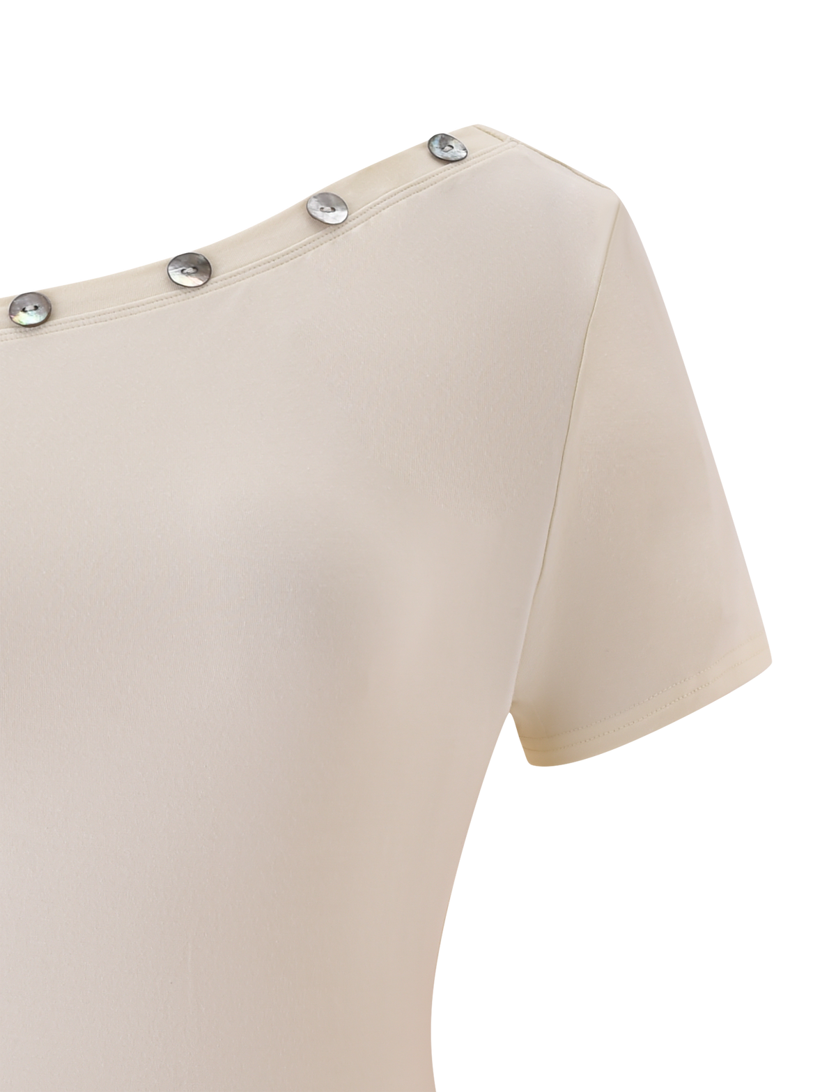 Close-up of the TIGERMIST MARITA MINI DRESS in cream, featuring short sleeves, an asymmetrical neckline, and metallic button details, shown against a plain white background.