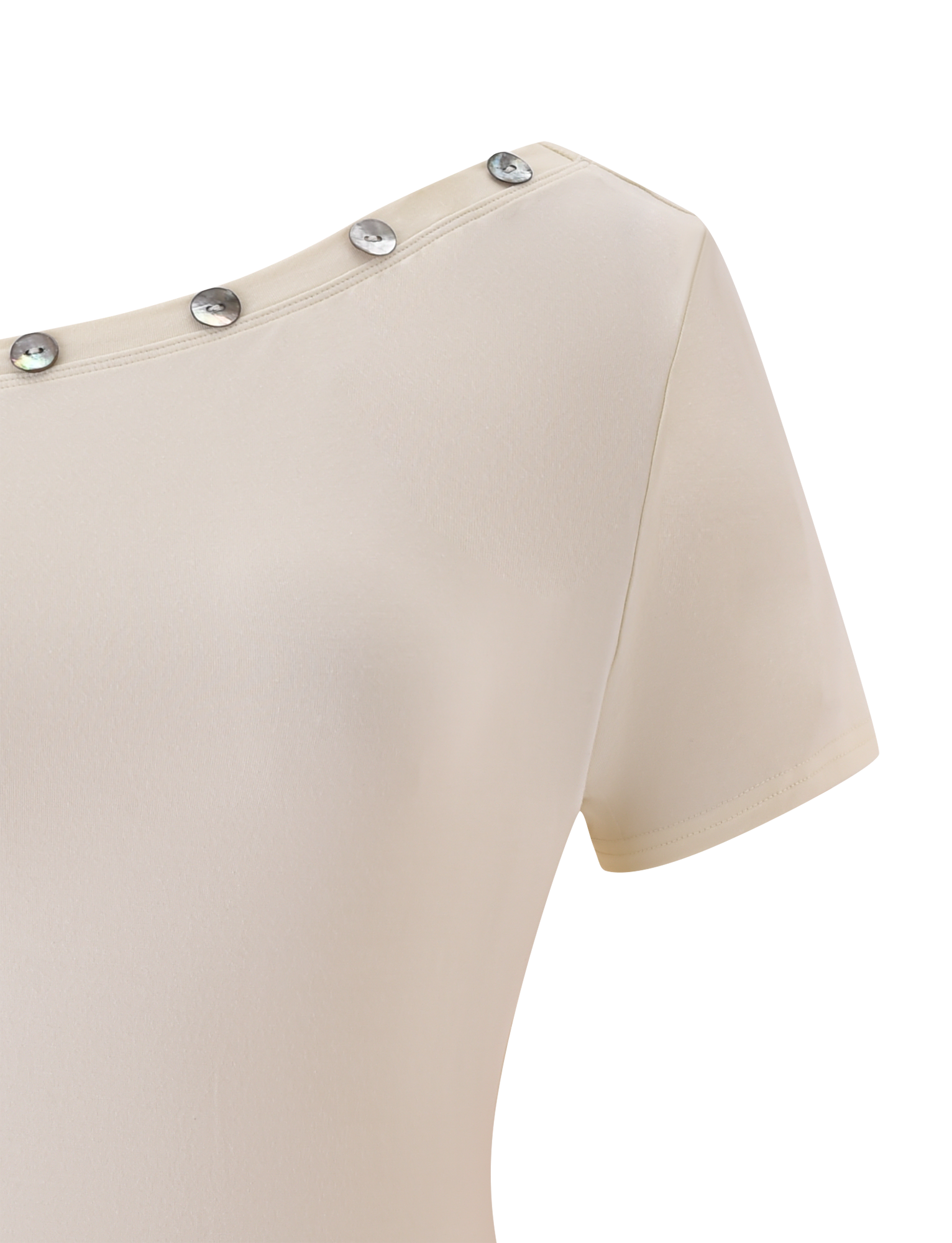 Close-up of the TIGERMIST MARITA MINI DRESS in cream, featuring short sleeves, an asymmetrical neckline, and metallic button details, shown against a plain white background.
