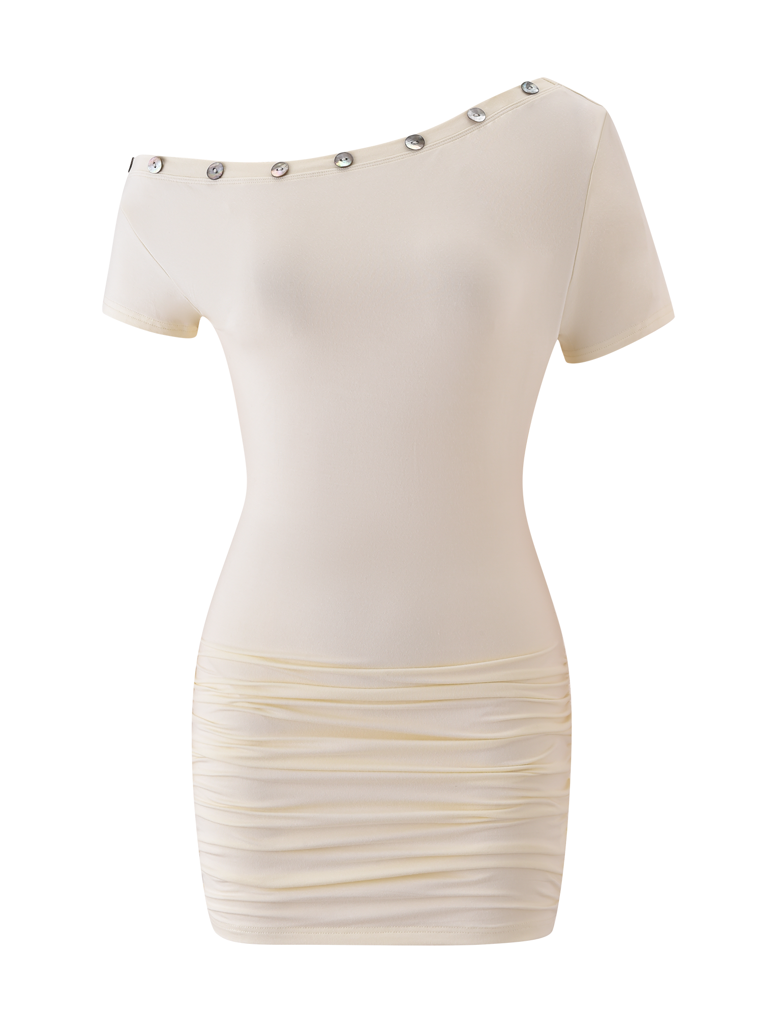 The MARITA MINI DRESS - CREAM by TIGERMIST features an asymmetrical neckline, short sleeves, silver shoulder buttons, and ruched skirt detailing in buttery jersey for a sleek bodycon fit.