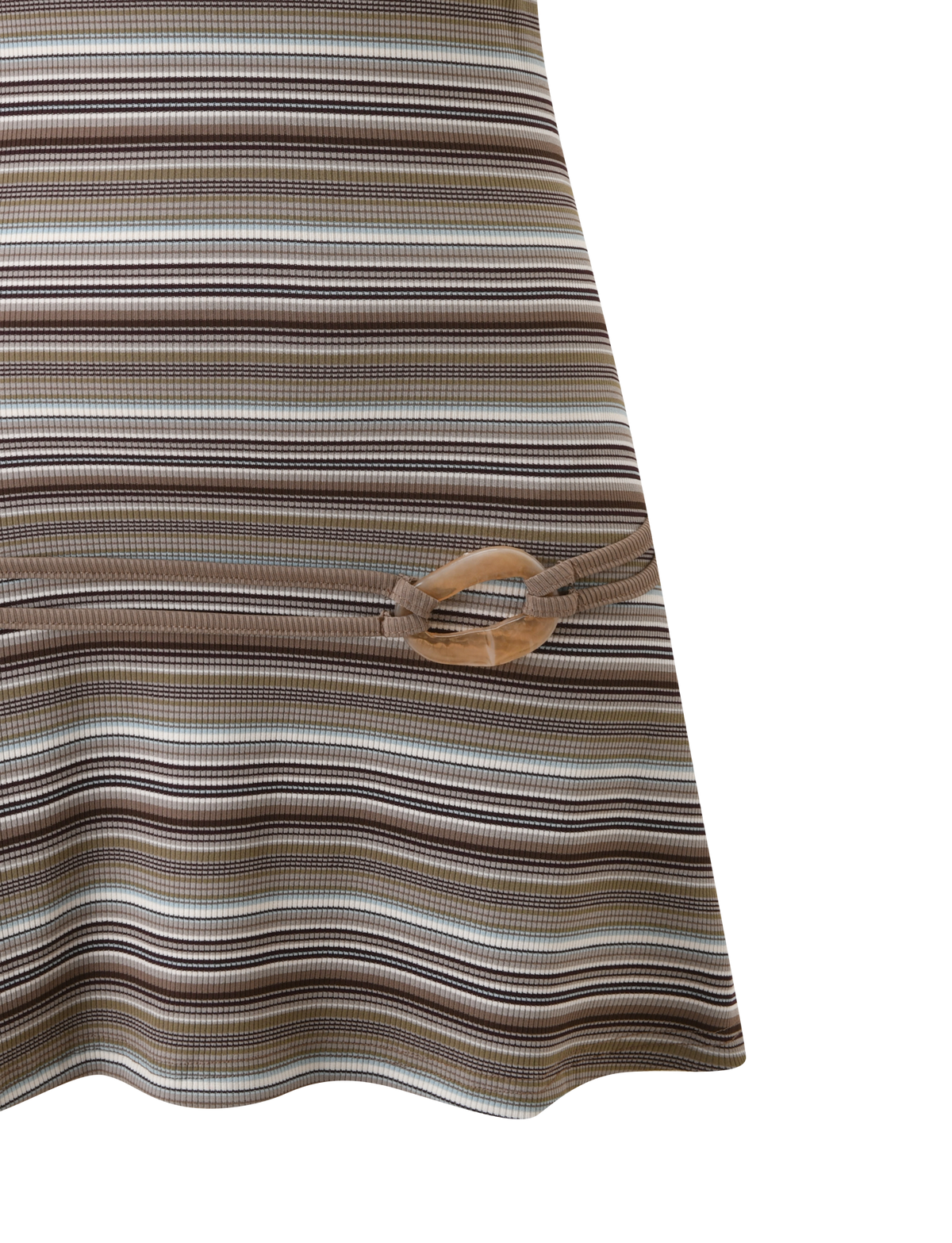 The TIGERMIST CELESTE MINI DRESS - BROWN MULTISTRIPE features ribbed knit fabric with horizontal brown, beige, and gray stripes, plus a tan circular buckle gathering the right side for a chic finish.