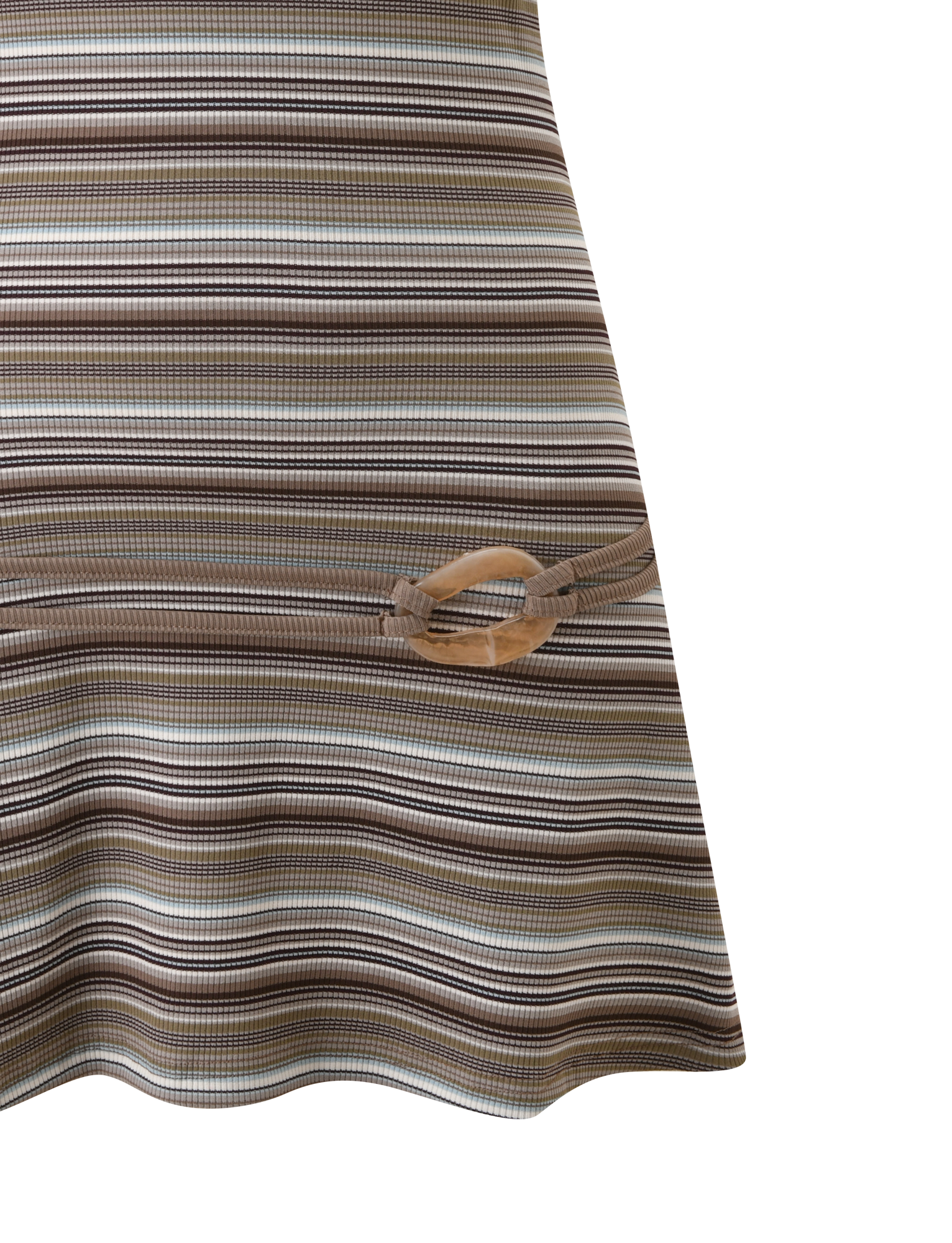 The TIGERMIST CELESTE MINI DRESS - BROWN MULTISTRIPE features ribbed knit fabric with horizontal brown, beige, and gray stripes, plus a tan circular buckle gathering the right side for a chic finish.