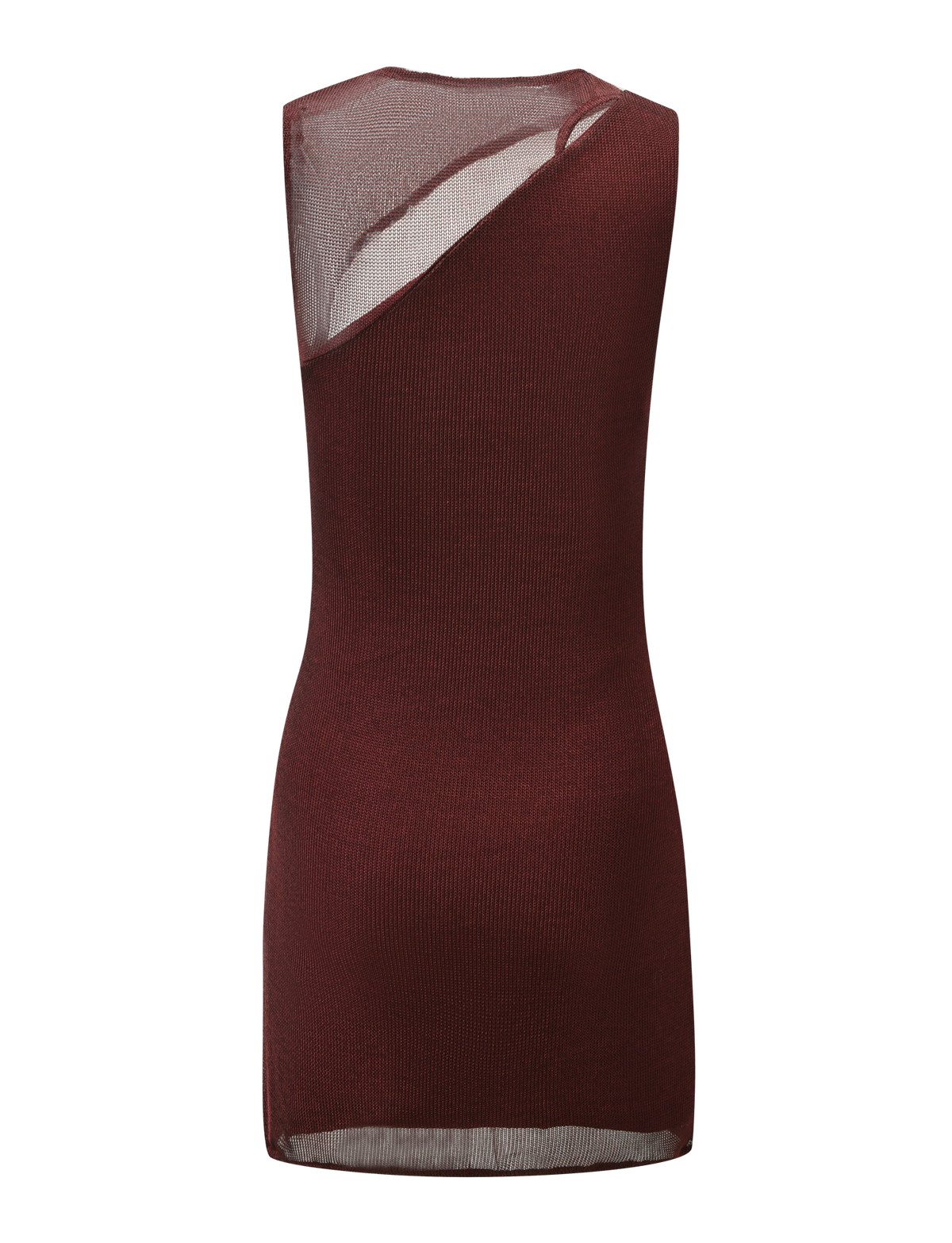 The AZELMA DRESS - BROWN by TIGERMIST is a sleeveless mini dress with sheer mesh back panels, an asymmetrical cutout design, fitted silhouette, and straight hemline.