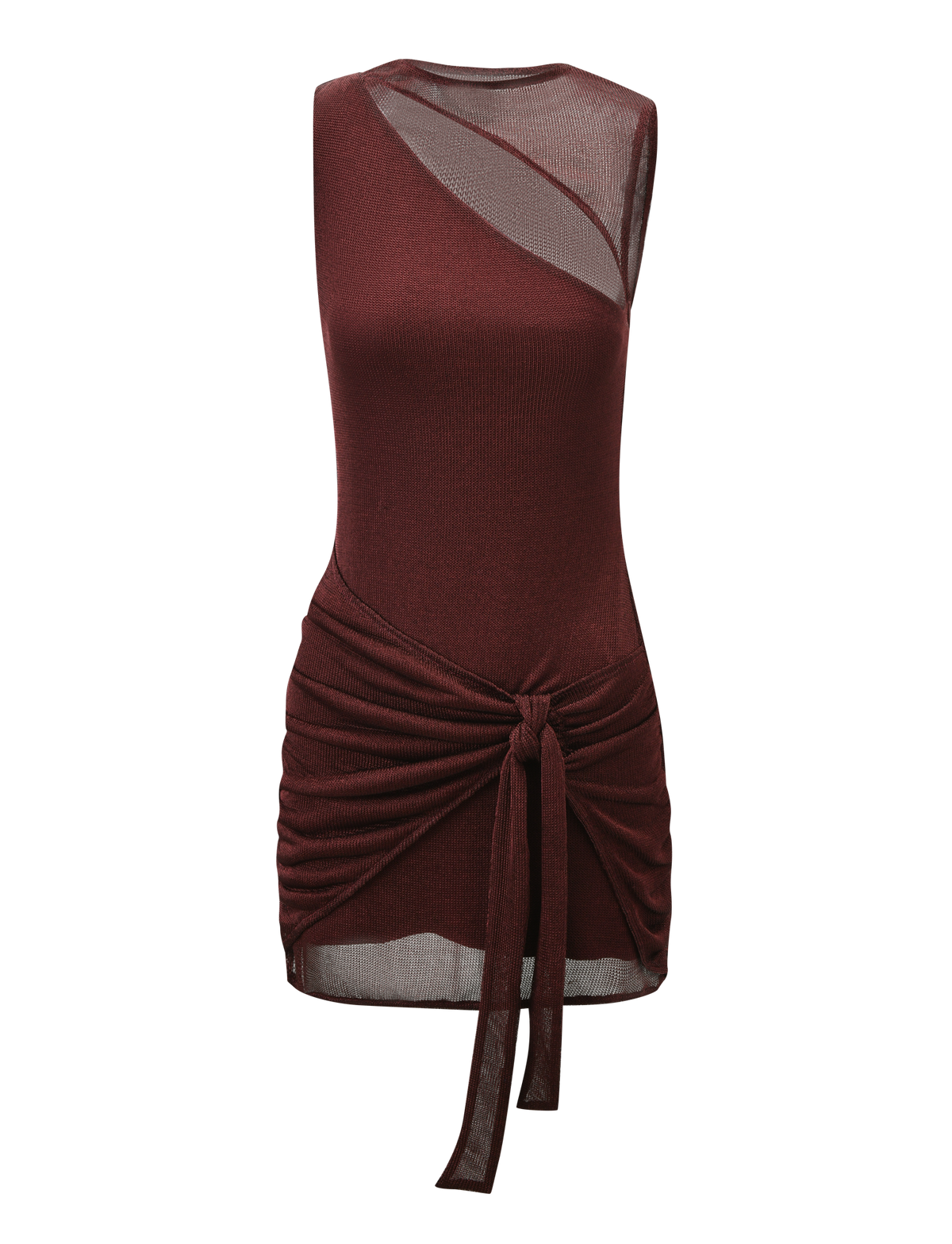 The TIGERMIST AZELMA DRESS - BROWN is a sleeveless mini dress with a sheer mesh upper panel, asymmetrical cutout, and knotted waist detail for a chic, fitted look.