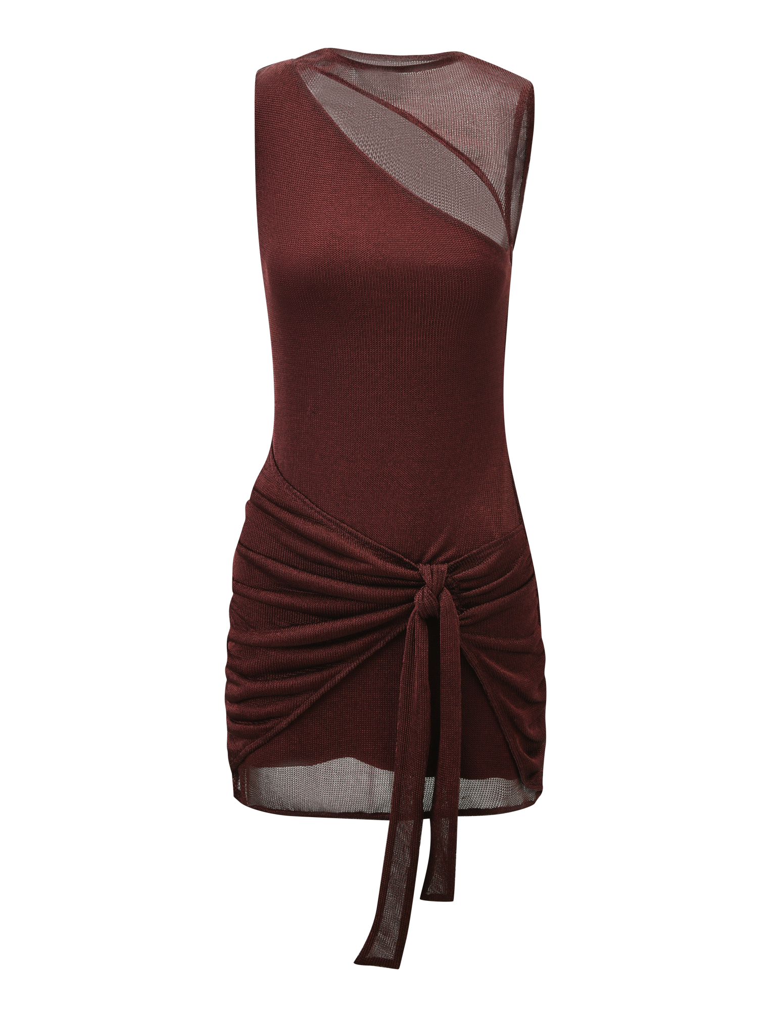 The TIGERMIST AZELMA DRESS - BROWN is a sleeveless mini dress with a sheer mesh upper panel, asymmetrical cutout, and knotted waist detail for a chic, fitted look.