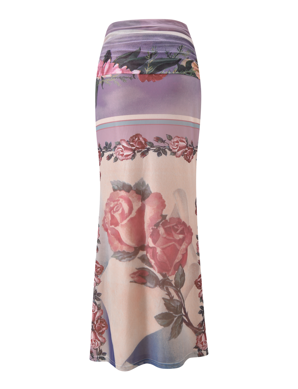 The RAFFIE MAXI SKIRT - POSTCARD FLORAL by TIGERMIST features a long, fitted silhouette with purple and beige color blocks, large pink and red rose prints, and a chic gathered waist tie.