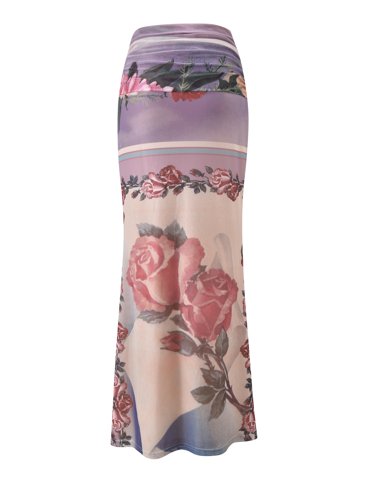 The RAFFIE MAXI SKIRT - POSTCARD FLORAL by TIGERMIST features a long, fitted silhouette with purple and beige color blocks, large pink and red rose prints, and a chic gathered waist tie.
